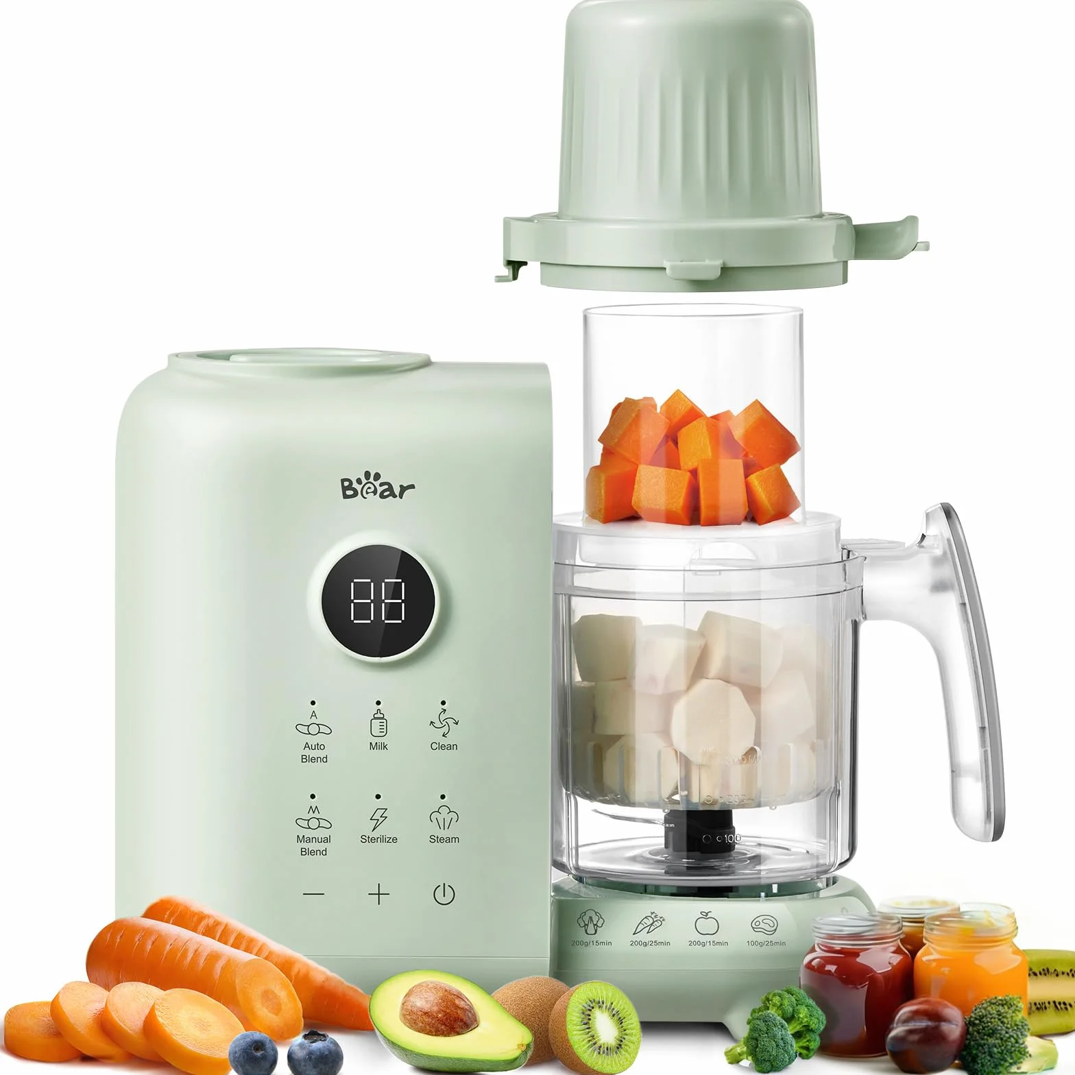 Bear 6-in-1 Dampfgarer mit Mixer Premium Babynahrungszubereiter,Dämpfen, automatisches Rühren, Milcherwärmung, Desinfektion, Selbstreinigungsfunktion, Automatische Reinigungsfunktion, BPA-frei (Grün)