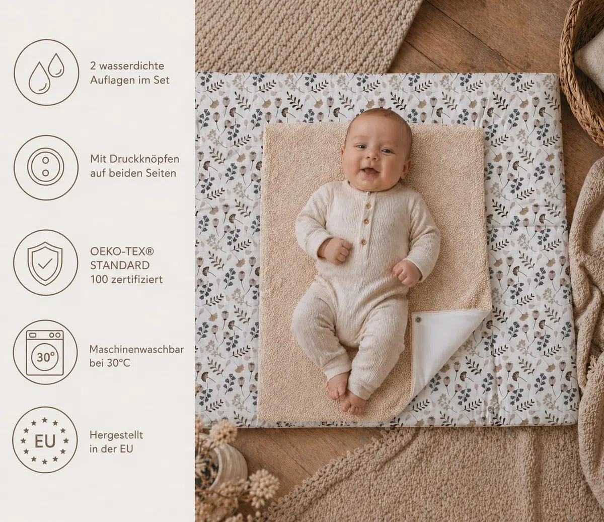 Wickelauflage mit 2 wasserfesten Frotteebezügen – 3-teiliges Set mit Druckknöpfen – Baby Wickelunterlage - Wickeltischauflage aus Baumwolle – 75x70 cm (Breite x Tiefe), Zweige