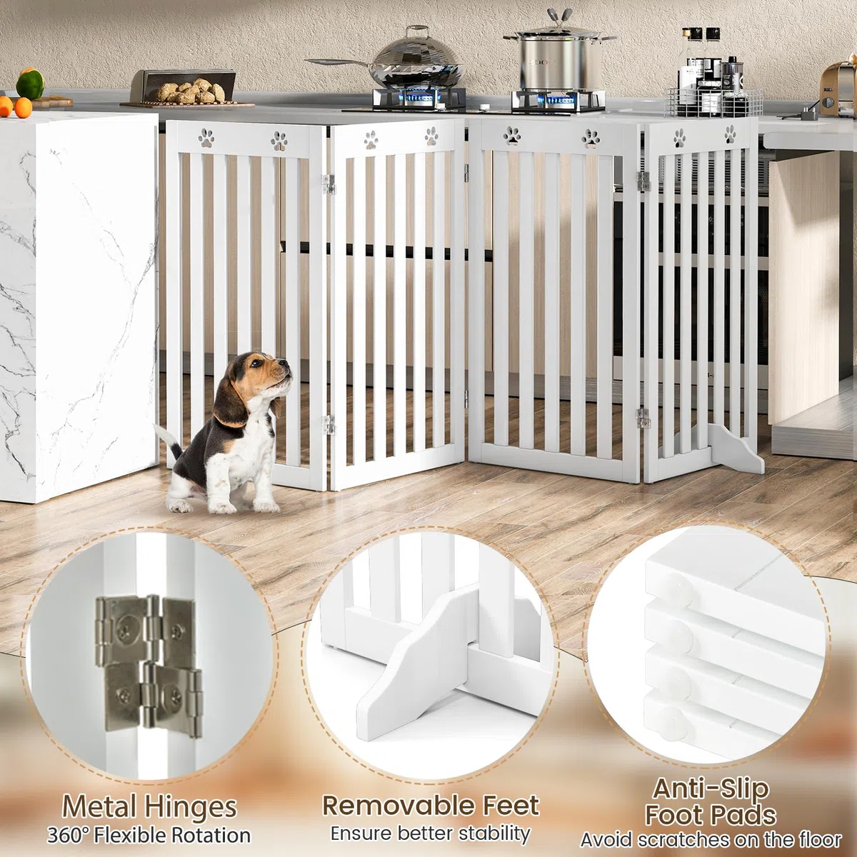SOARS Absperrgitter Hund, 204x90cm Hundegitter Wohnung mit 2 Stützfüßen, Faltbares Schutzgitter, Treppengitter, Absperrgitter für Küche, Flur, Kamin & Ofen, 4 Paneelen, Weiß