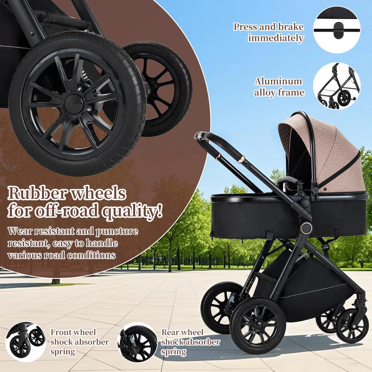 Kinderwagen 3 in 1, Zusammenklappbar kinderwagen Komplettset Becherhalter, Moskitonetz, Fußabdeckung Für Baby Erstausstattung Neugeborene(Khaki)