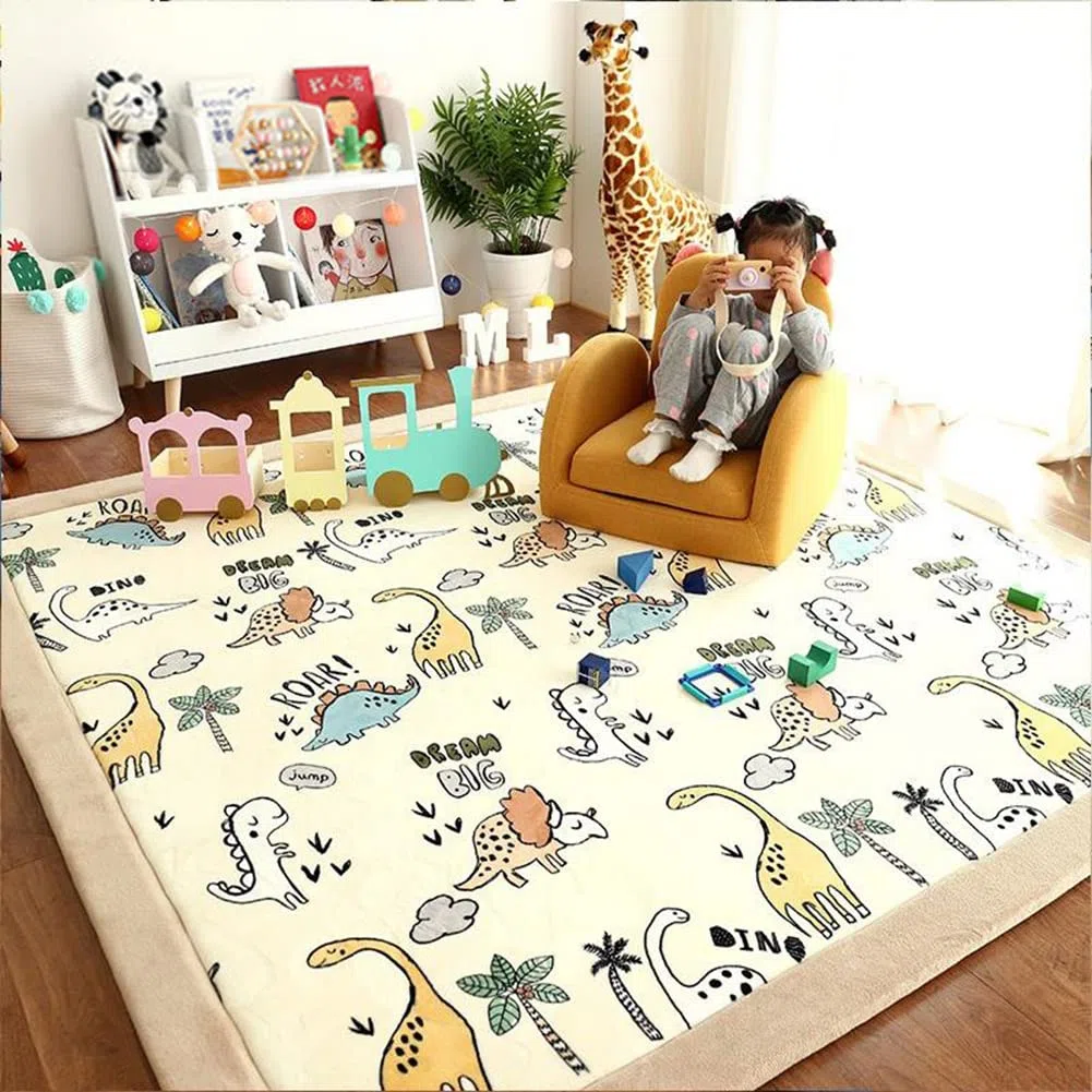 Spielmatte Krabbelmatte Baby Kinder Matte Babymatte Kinderzimmer Weicher Kinderteppich Faltbar Tier Dinosaurier, Farbe: Creme, Grösse: 100x200 cm
