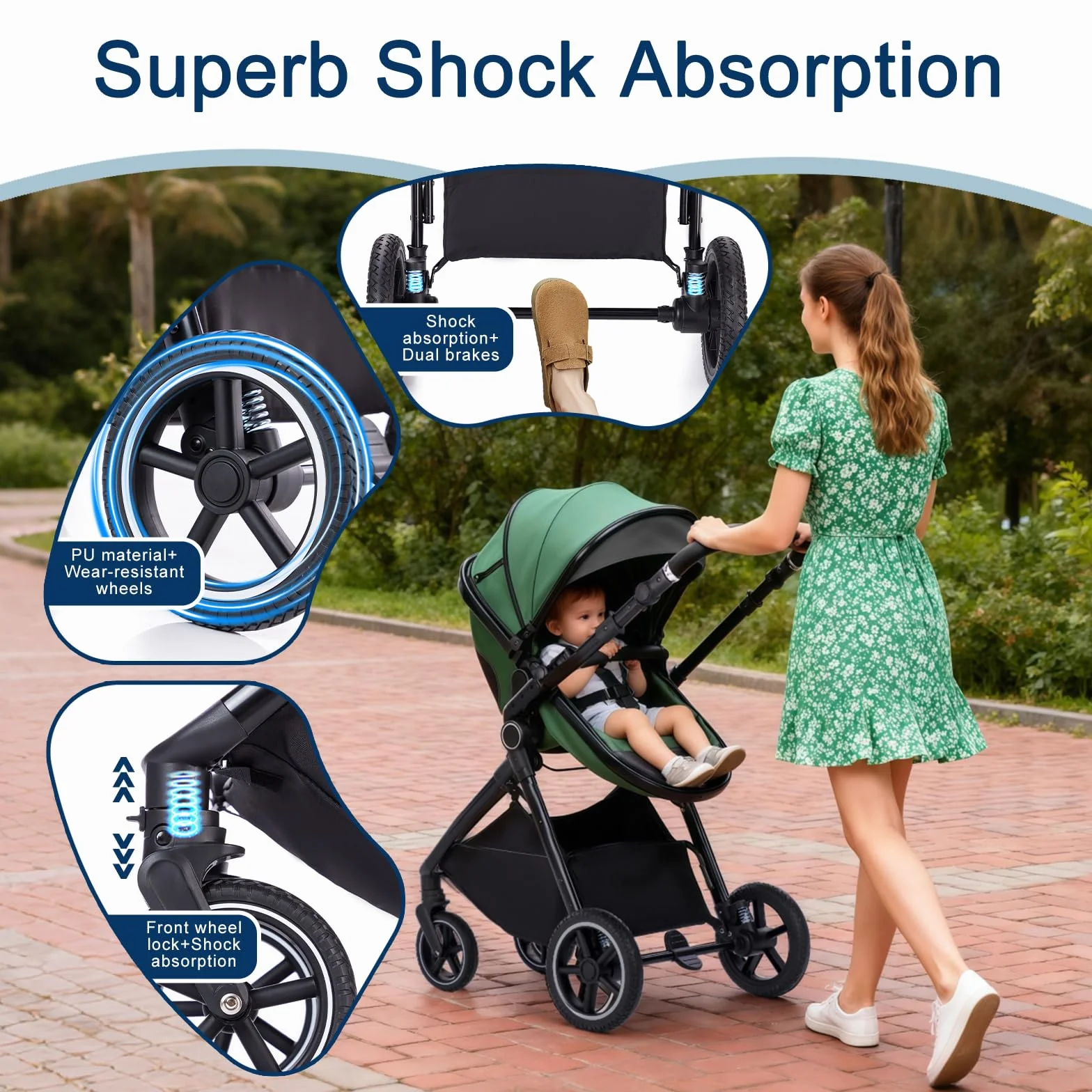 Kinderwagen 3 in 1, Buggy Klein Zusammenklappbar mit Moskitonetz und Regenschutz, Reise Kinderwagen mit Verstellbarer Griff, Räder aus PU, Geeignet für 0-3 Jahre