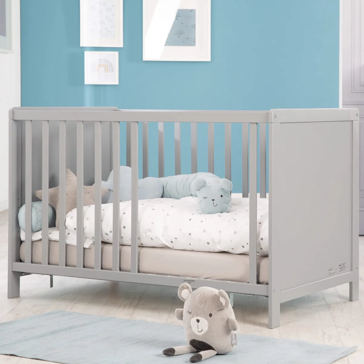 roba Babyzimmer Set 2 teilig - Wickelkommode Hamburg 2-türig mit Wickeltisch abnehmbar + Babybett 60 x 120 cm mit Funktion als Beistellbett - Holz grau