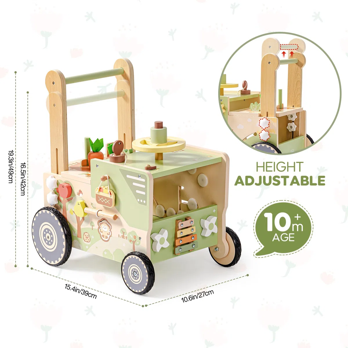 ROBUD Lauflernhilfe Holz, Lauflernwagen im Bauernhof-Thema mit Rädern, Motorikspielzeug Lernspielzeug für Mädchen Jungen, Geschenke für Babys ab 10 Monate (Geschwindigkeit & Höhe Einstellbar)