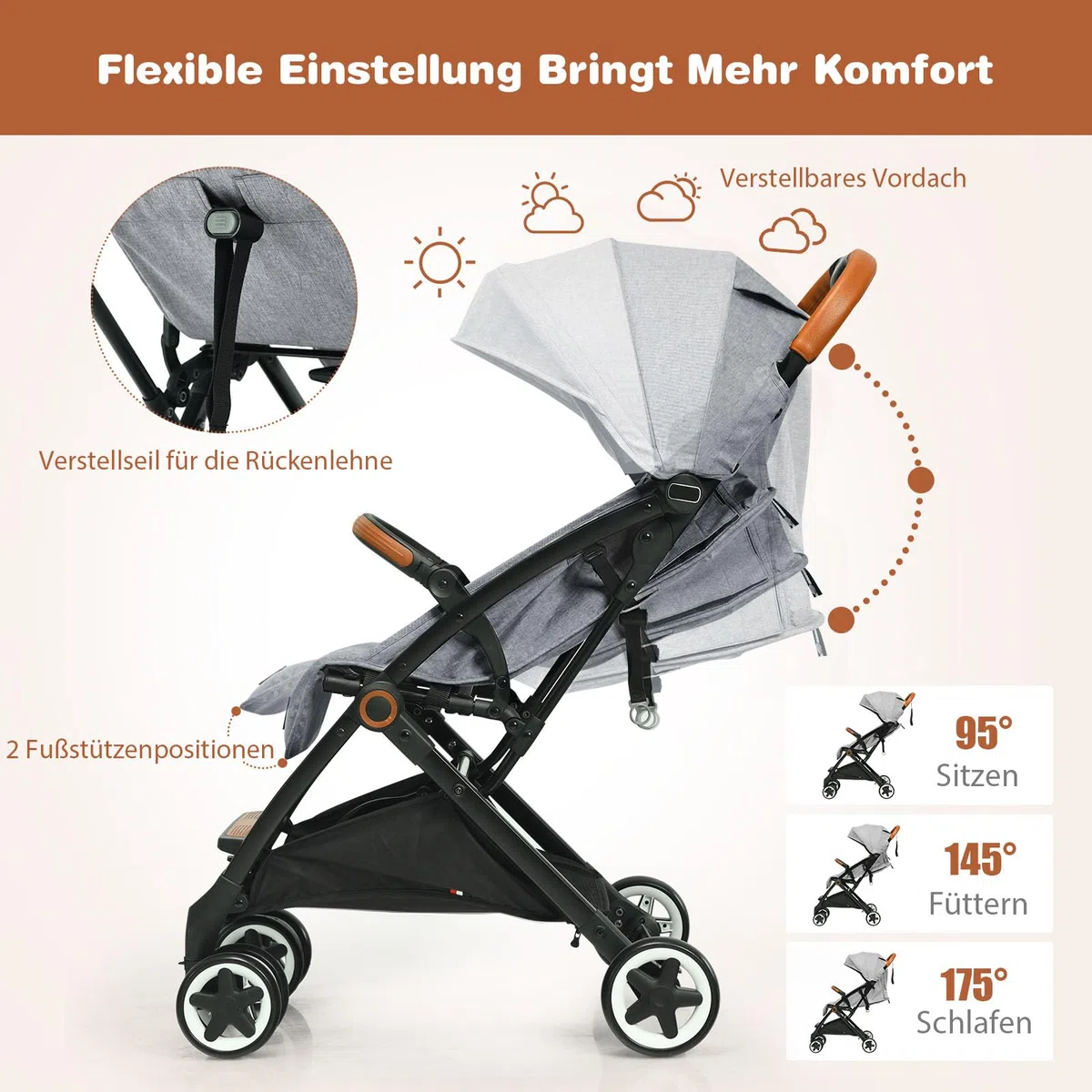 COSTWAY Kinderwagen Einhand Faltbar, Kinderbuggy mit verstellbare Rückenlehne & Verdeck, Reisebuggy mit Liegefunktion, Sicherheitsgurt für Baby bis 3 Jahren, 15 kg Belastbar (Grau)