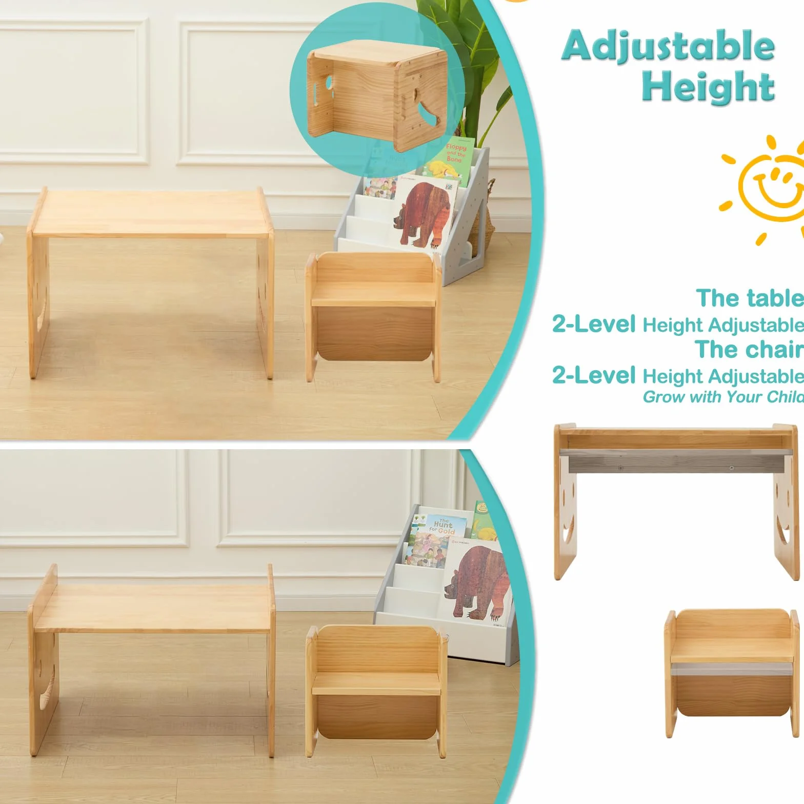 FUNLIO Montessori Höhenverstellbares kindertisch mit 2 stühlen für 1-3 Jährige, hochwertiger Massivholz Kinder Tisch Stuhl Set, zum Lesen/Essen/Spielen, einfach aufzubauen - Quadratischer Tisch