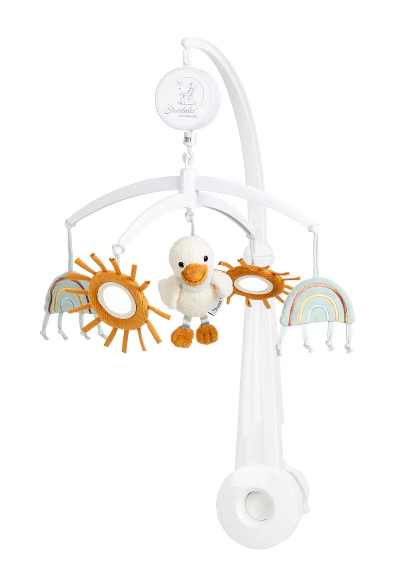 Sterntaler Baby Mobile Ente Edda Lou, Musikmobile für Jungen und Mädchen mit der Melodie Brahms Wiegenlied und weißen Gestänge, Einschlafhilfe