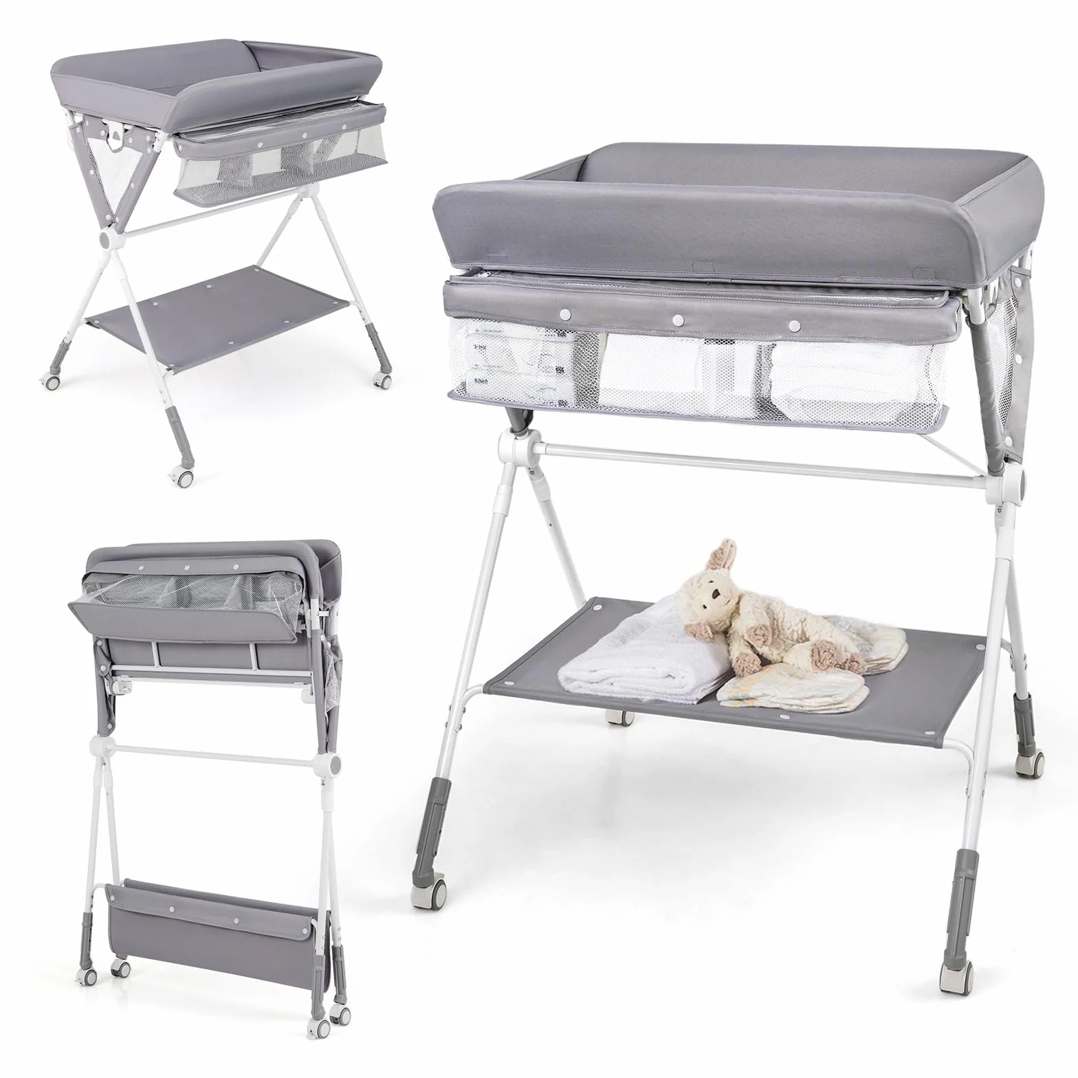 COSTWAY 3 in 1 Wickeltisch klappbar, mobile Wickelkommode mit Rollen, höhenverstellbar, Wickelauflage bis 11 kg (Grau)