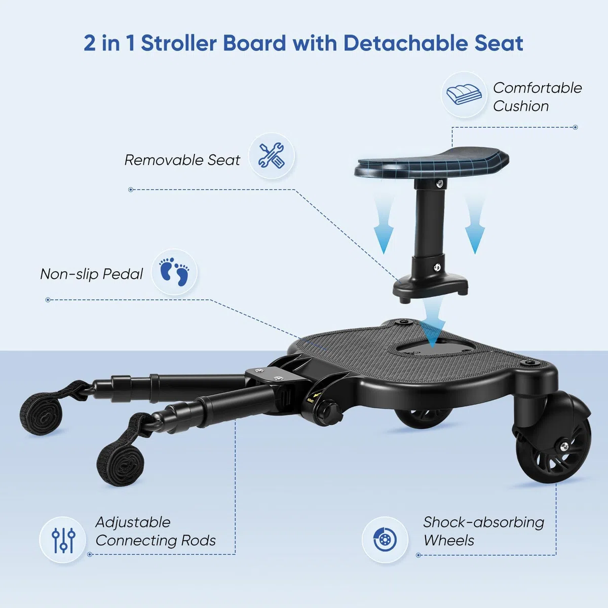 Buggy Board mit Sitz, Buggy Board für alle Kinderwagen, Trittbrett Mitfahrbrett universal, Kiddy Board für Kinder von 2-6 Jahren, Bearing 25KG (Schwarz)