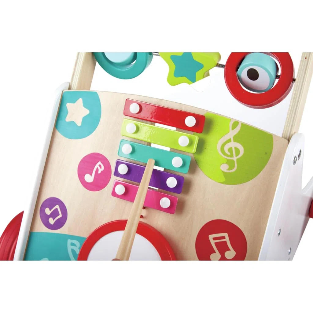 Hape Musik Lauflernwagen - Lauflernhilfe aus Holz mit Musik Xylofon, Trommel & drehbaren Blöcken, fördert Motorik, Balance und musikalische Früherziehung, ab 10 Monaten