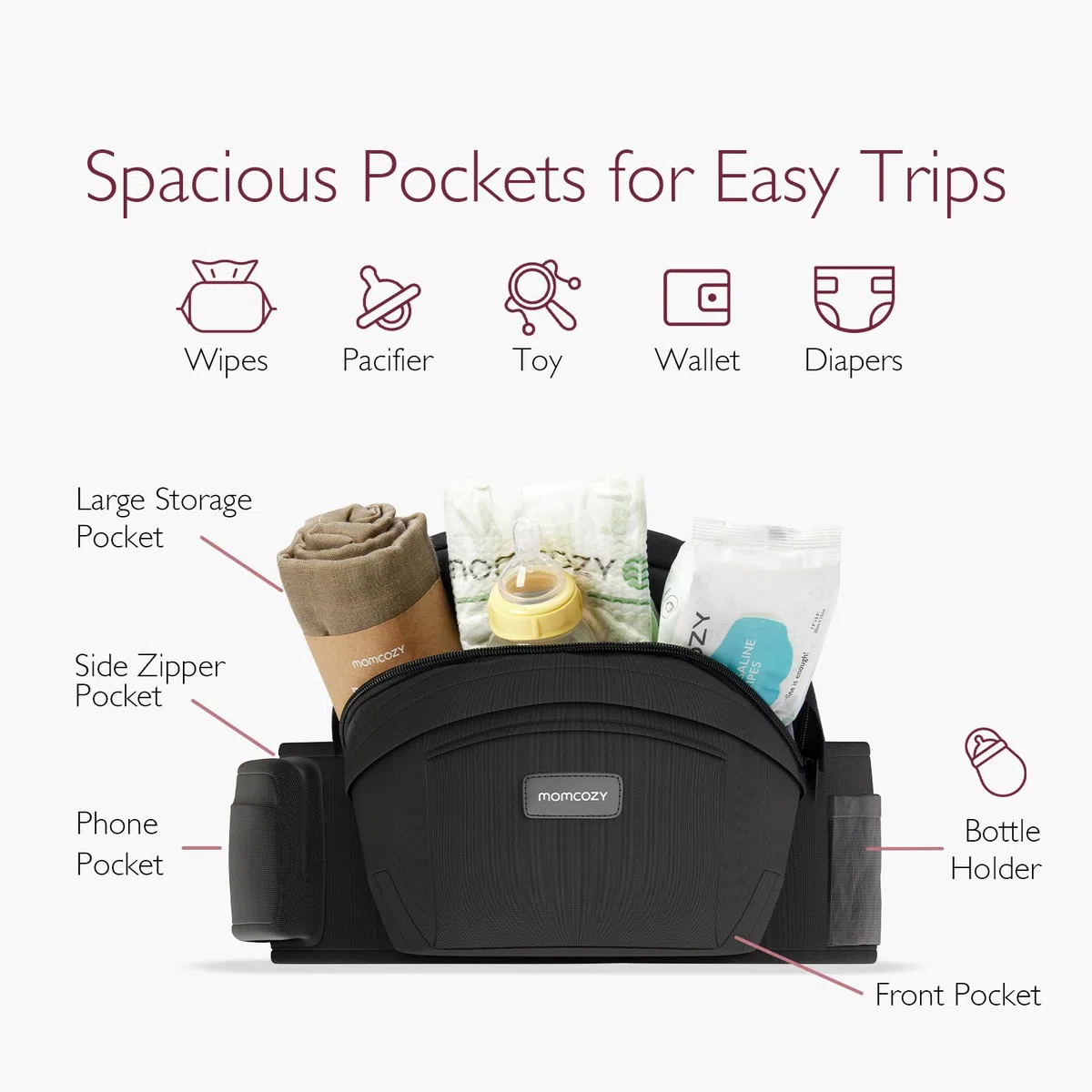 Momcozy Hüfttrage Baby - Originaler 3D-Bauchschutz & EVA-Massageplatte, Ergonomische Babytrage mit Taschen für Neugeborene und Kleinkinder bis 20 kg, Leichtgewicht (Schwarz, Mittelgroß)