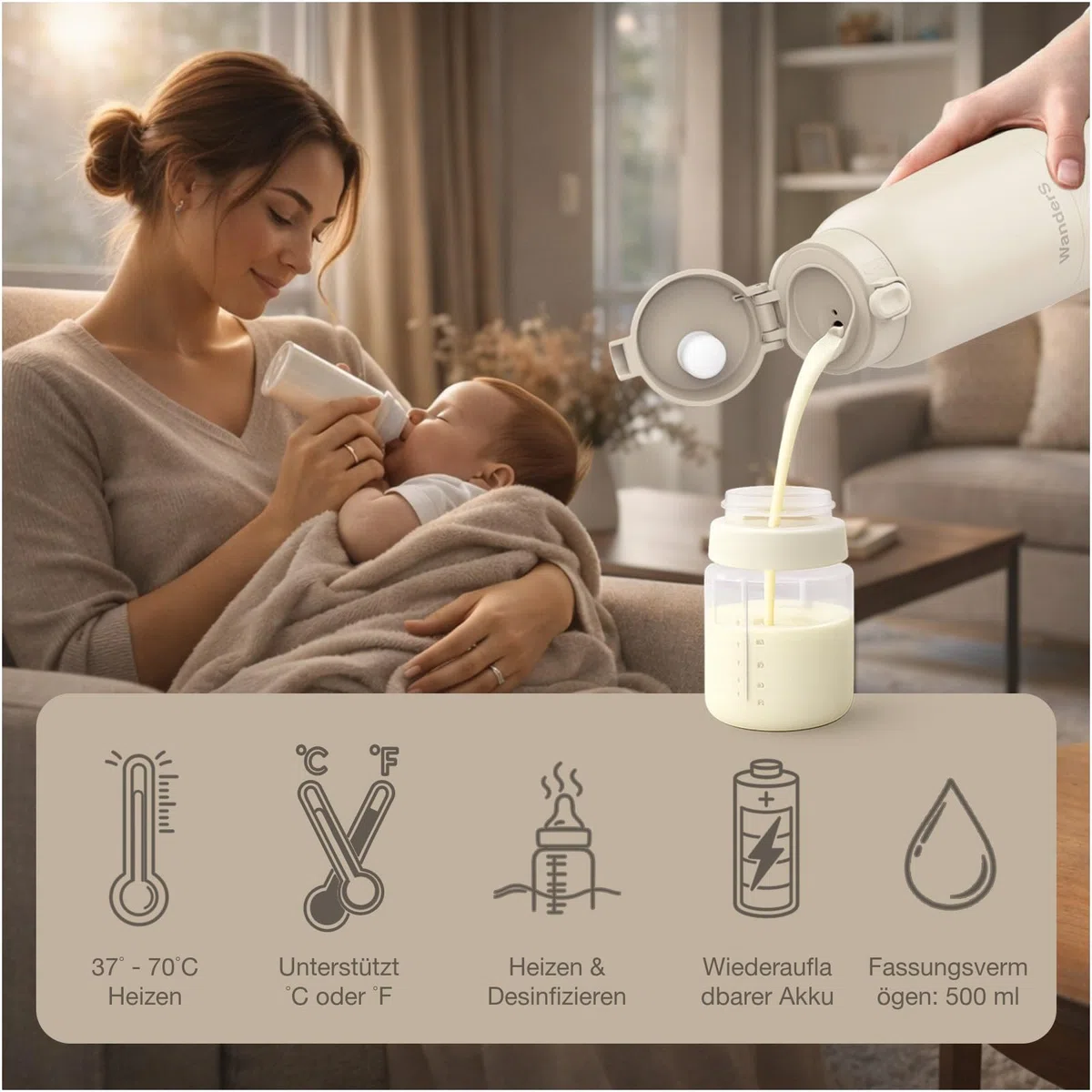 Tragbarer Flaschenwärmer Baby von WanderS – 500ML Milchwärmer mit Präziser Temperaturkontrolle, Integrierter Sterilisator, 316L Edelstahl, USB-C Schnellladung, IPX6 Wasserdicht & Sicherheitsverschluss