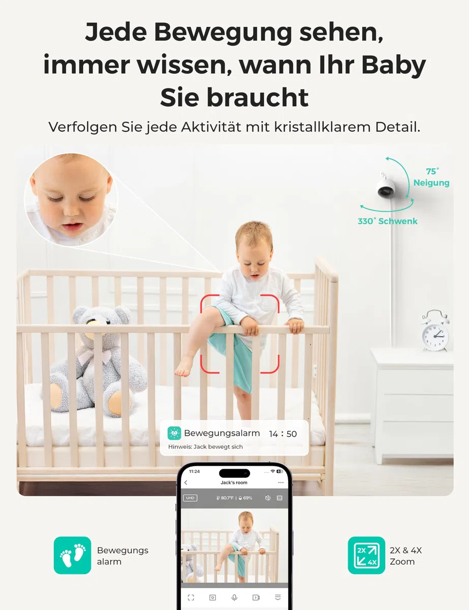 Dr.Care VistaView Lite WLAN Babyphone mit Clip-Halterung – 4" 720P Split-Screen & 1080P Kamera, App-Steuerung, Bewegungsalarm, Nachtsicht, 2-Wege-Audio, Aufnahme