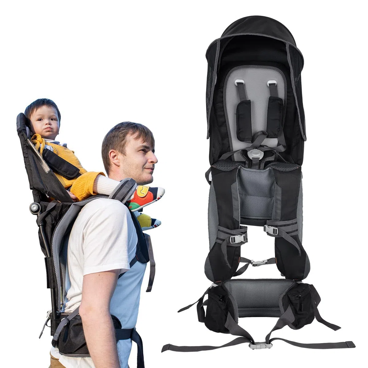Babytrage-Rucksack | Ergonomische Sitzunterstützung für 6 Monate bis 3 Jahre (18 kg) | mit Verdeck und faltbarem Rahmen – perfekt zum Wandern/für Flugreisen, schwarz
