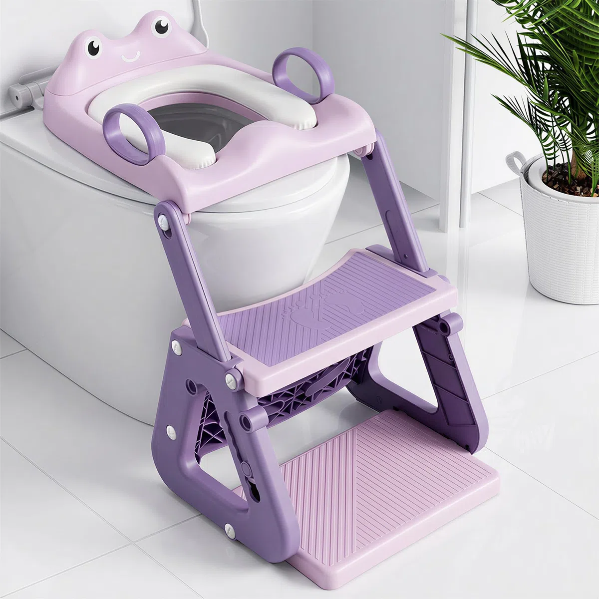 Orzbow Toilettensitz Kinder, Stabil Kinder Toilettensitz mit Treppe und Dreiecksstruktur, Verlängerter Pedal- und Spritzschutz und PVC-Polster, Rutschfest und Faltbar, Frosch, Violett-Rosa