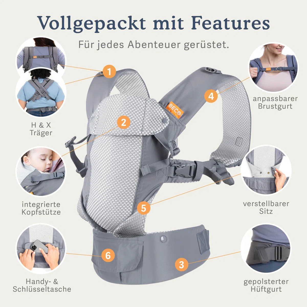 Beco Gemini Cool Mesh Babytrage ab Geburt, Cool Dunkelgrau | 4 Ergonomische Trageweisen mit Verstellbarem Sitz, zertifiziert Hüftgesund, von den ersten Wochen bis ins Kleinkindalter.