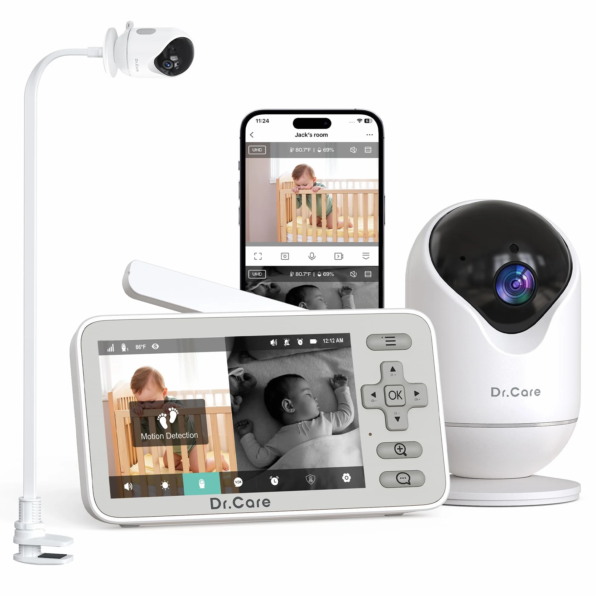 Dr.Care VistaView Lite WLAN Babyphone mit Clip-Halterung – 4" 720P Split-Screen & 1080P Kamera, App-Steuerung, Bewegungsalarm, Nachtsicht, 2-Wege-Audio, Aufnahme