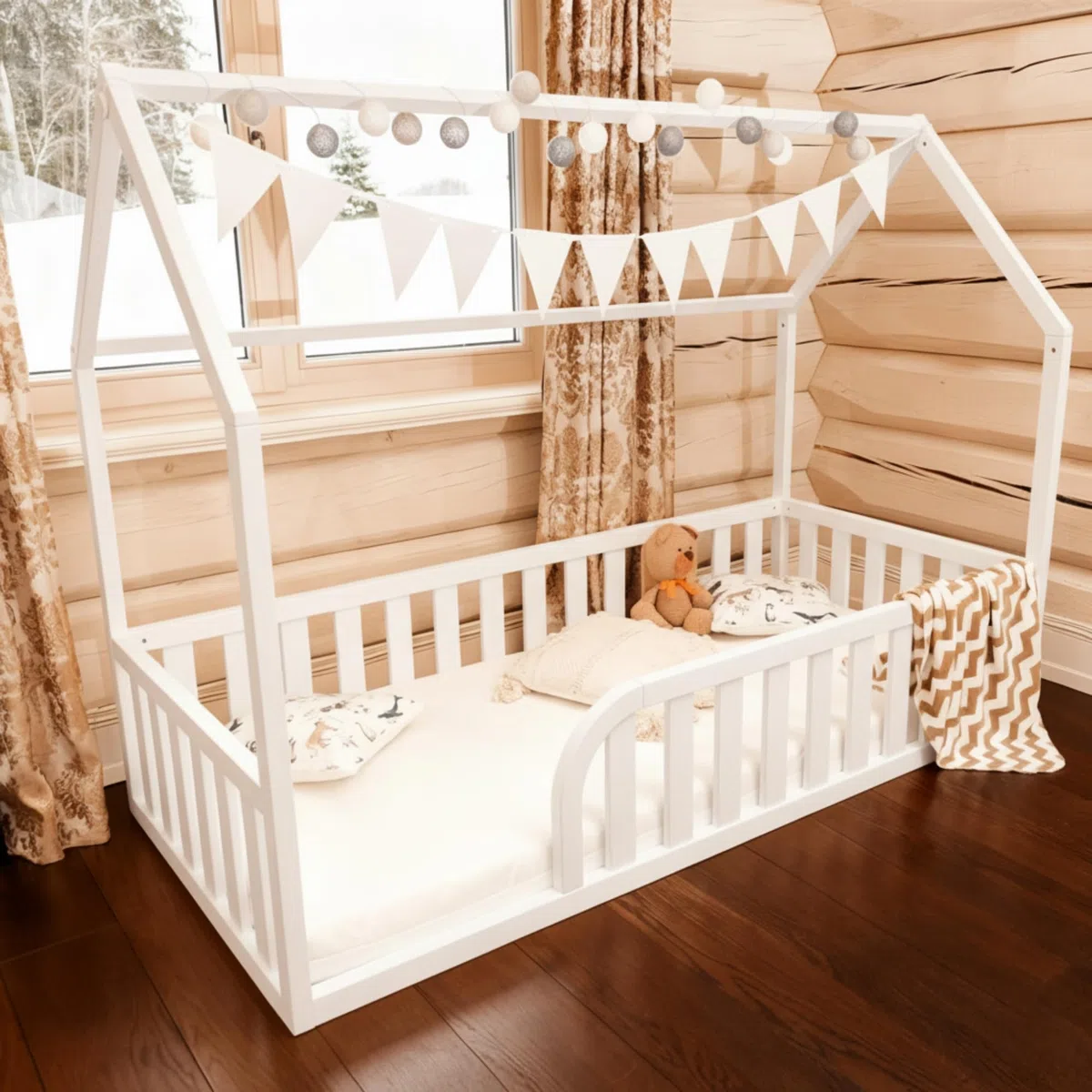 Bodenbett 90x160 für Kleinkinder, Montessori Hausbett aus FSC-Kiefernholz Weiß, Kinderbett mit Lattenrost und 41 cm Rausfallschutz, Einstieg Links