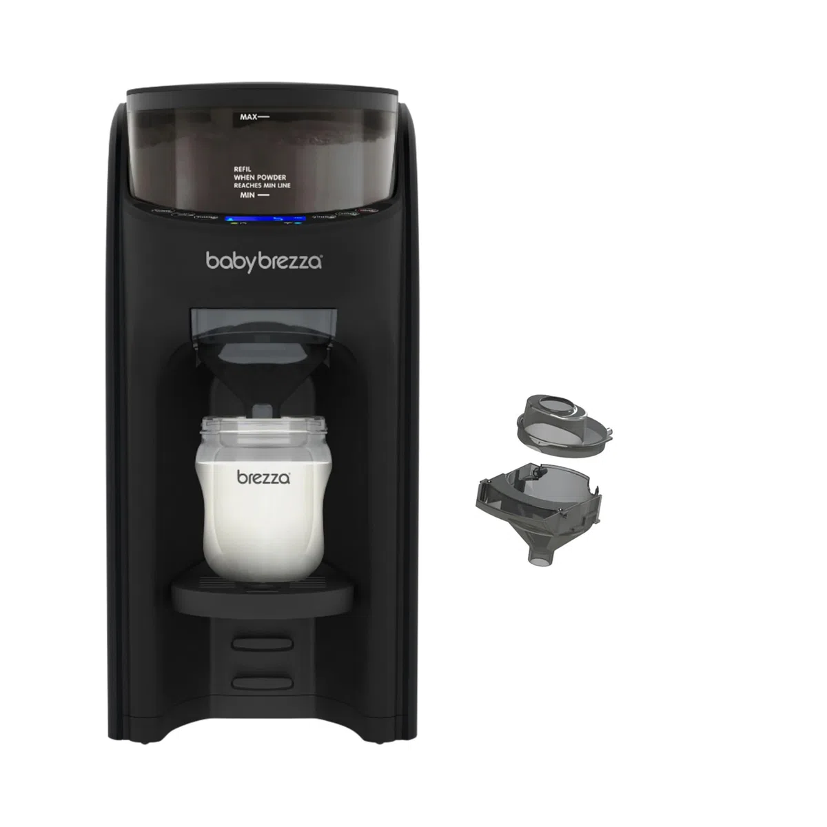 Baby Brezza Formula Pro Advanced – Automatischer Flaschenzubereiter | Mischt Milchpulver & Wasser perfekt – Mit 2 Milchpulvertrichtern (1 im Gerät, 1 extra) – 3 Temperaturen – BPA-frei – schwarz