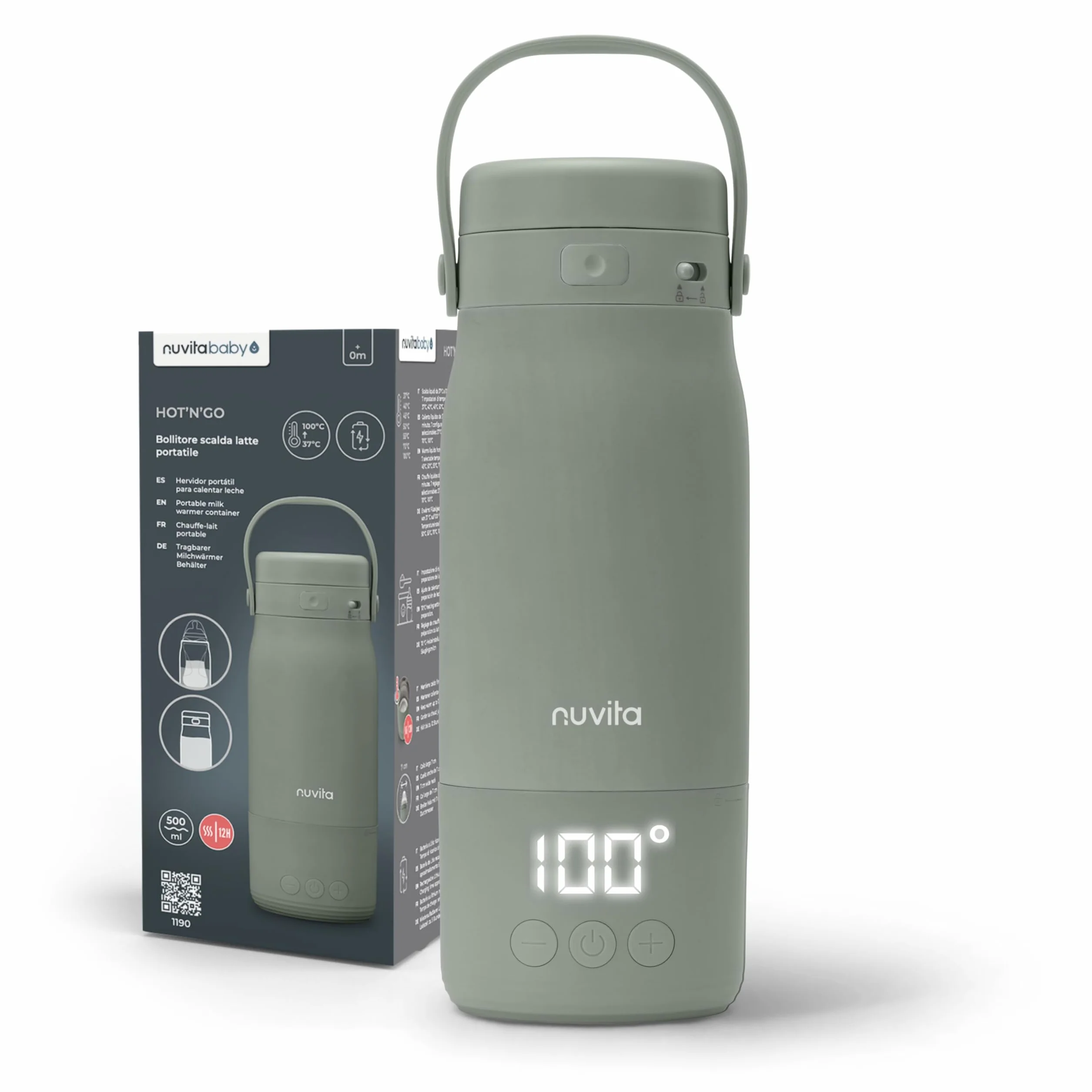 Nuvita 1190 Tragbarer Milchwärmer 500 ml – Kabelloser Flaschenwärmer mit wiederaufladbarem Akku, 3 wählbare Temperaturen 37 °C/55 °C/100 °C, hält bis zu 12 Stunden warm, ideal für Milch und Kräutertee