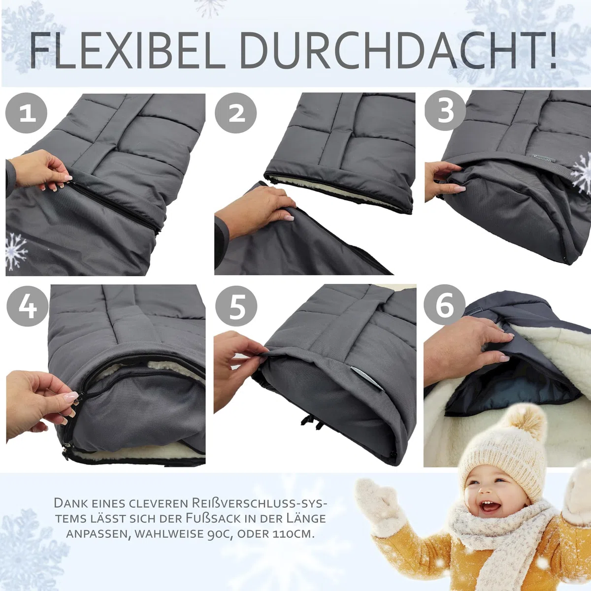 BambiniWelt by Rafael K. Winterfußsack – universaler Fußsack für Kinderwagen, Buggy & Schlitten in Mumienform – Lammwolle, größenverstellbar (90–110 cm), warm, waschbar & windabweisend (schwarz)