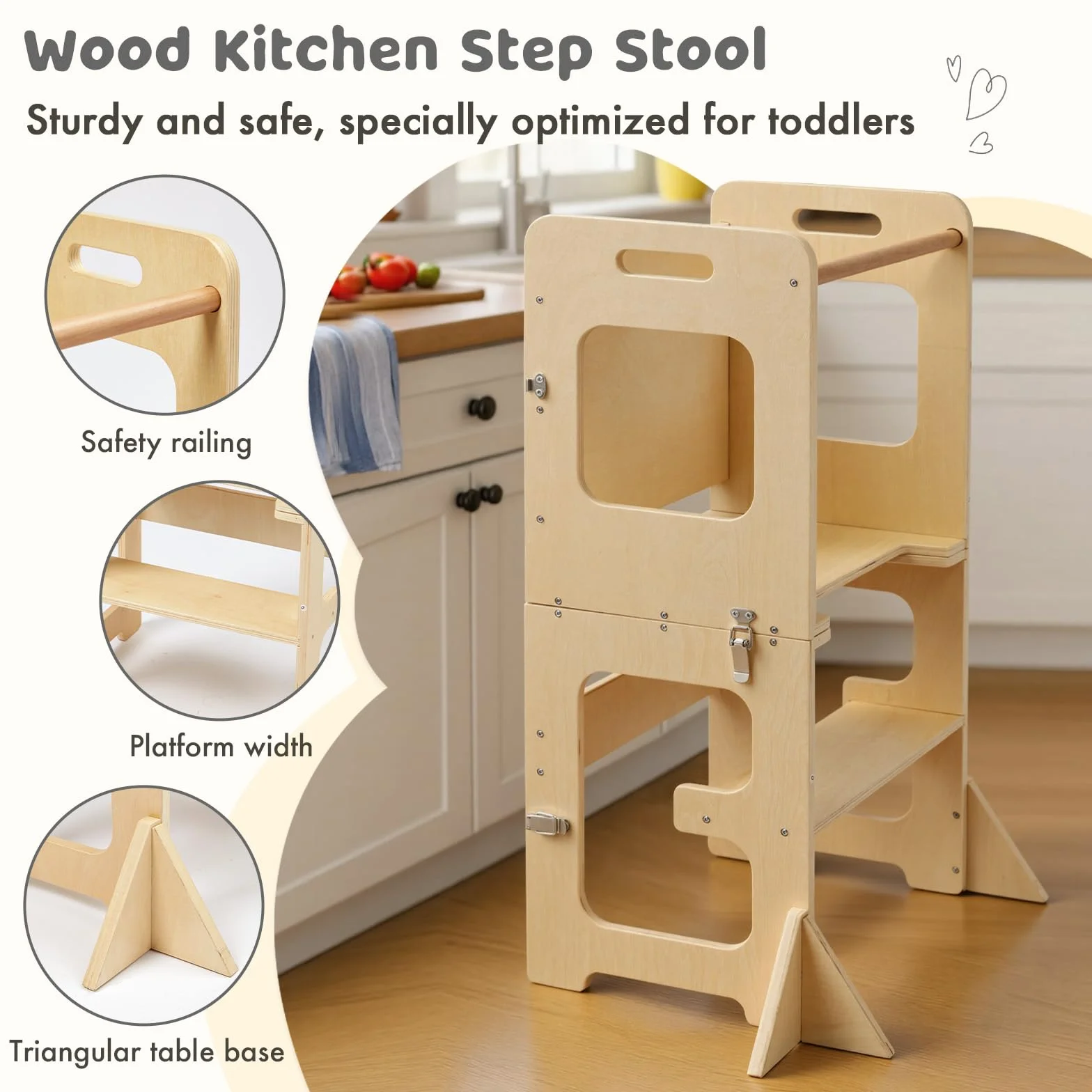 Labebe Lernturm für Kinder, Faltbarer Montessori Learning Tower, 3 in 1 Tritthocker Lernstuhl Kinderhocker mit Tafel, Montessori Küchenhelfer Lernturm ab 18 Monate (Holz)