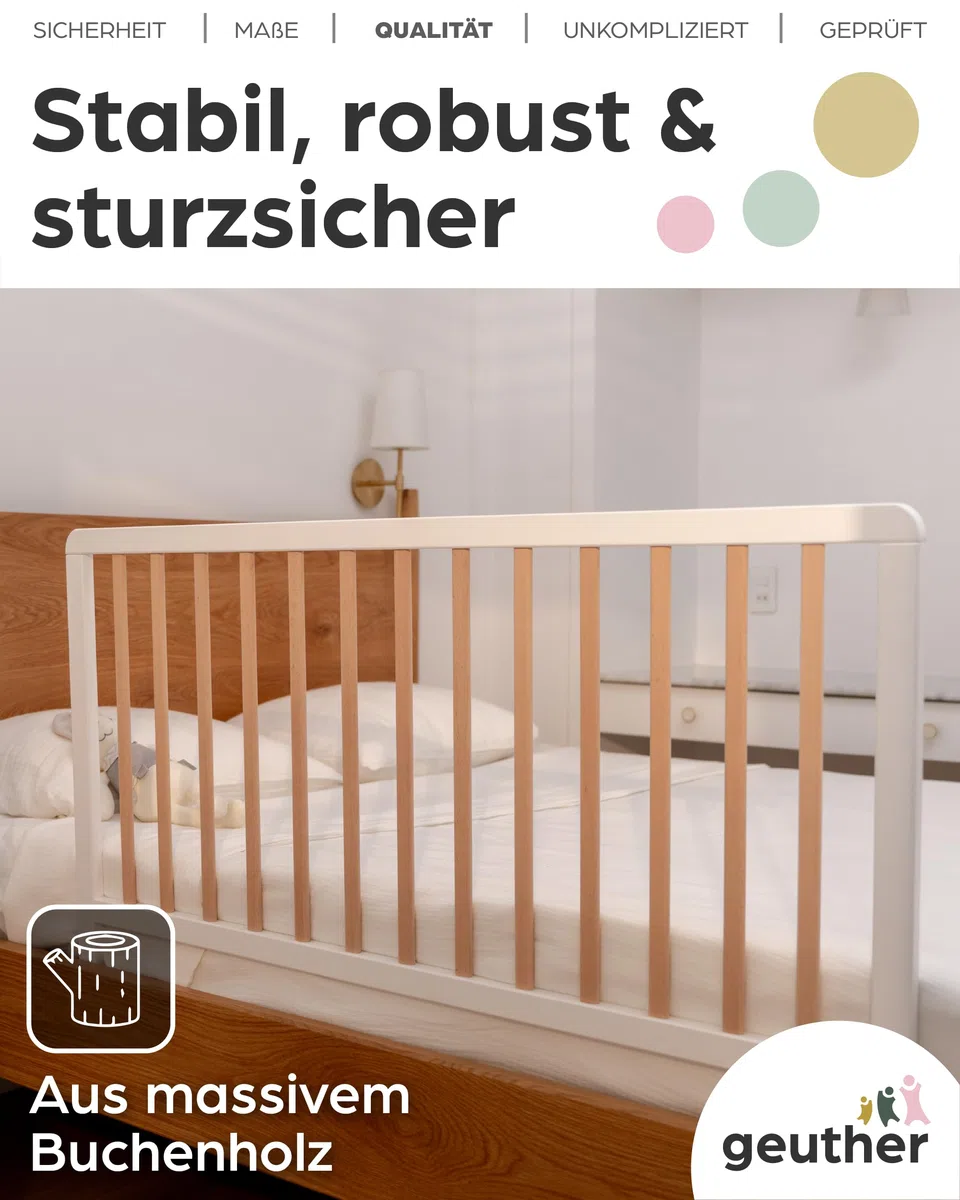 Geuther Bettschutzgitter Holz | Idealer Rausfallschutz Boxspringbett, extra hoch | Rausfallschutz Bett für Kinder | Bettgitter, Absturzsicherung Bett | Bett Rausfallschutz Kinder in 110cm Länge, Natur