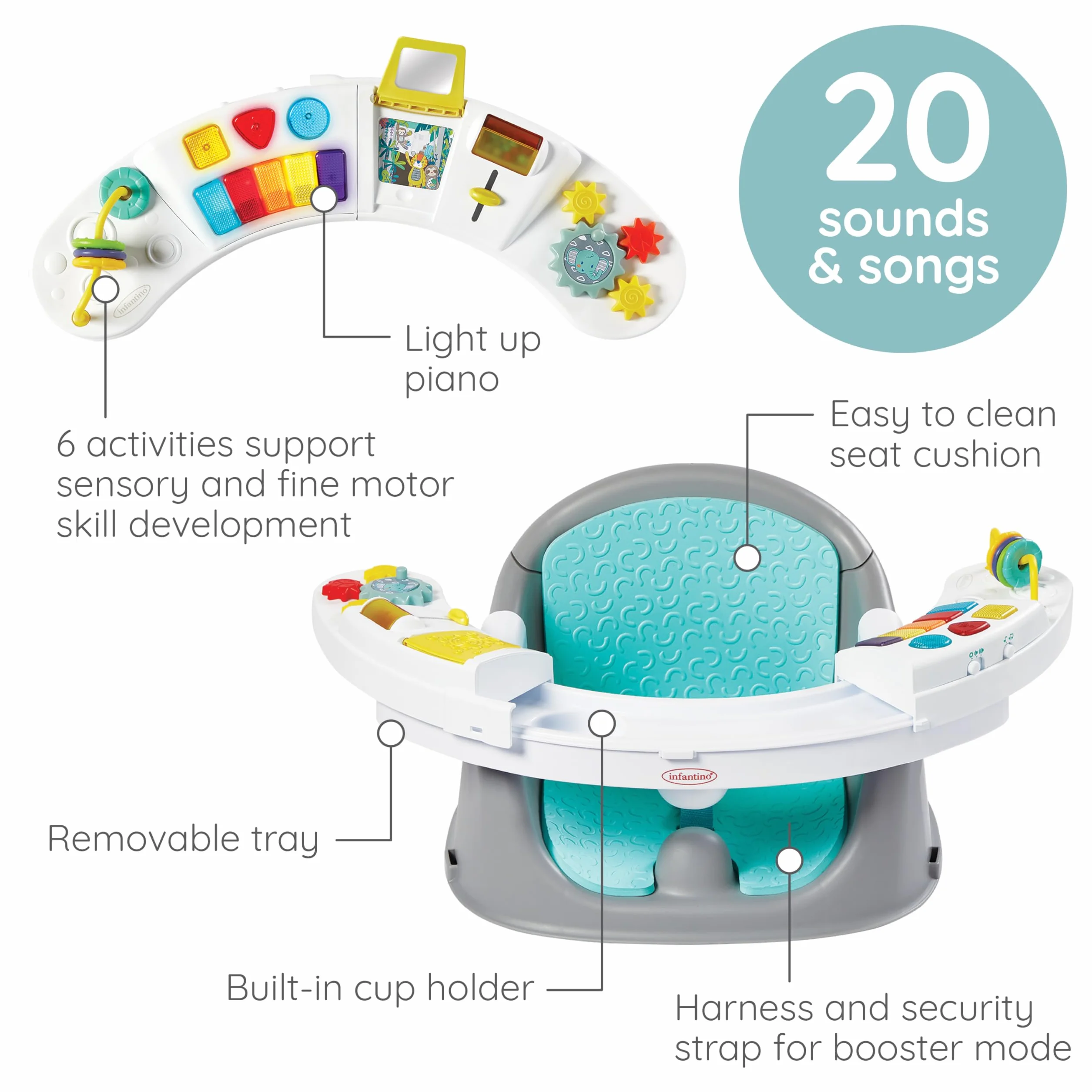 Infantino Music & Lights 3-in-1 Baby-Booster, Entdeckungssitz, Mitwachsend, Umwandelbarer Baby-Sitz, Blau