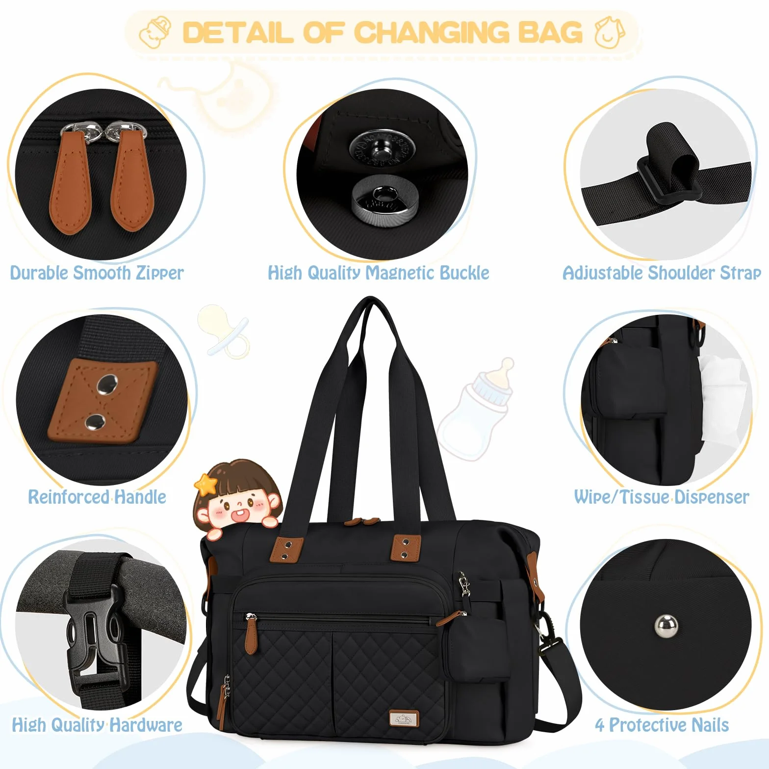 RAINSMORE Baby Wickeltasche Groß mit Schnullertasche und Wickelunterlage Multifunktions Babytasche Reisewindeltasche für Mama und Papa Schwarz