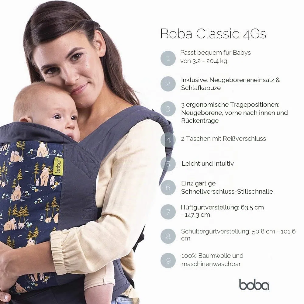 Boba Classic Babytrage ab Geburt, 3-20 kg, Marineblau | Komforttrage mit Schnellverschlüssen, Ergonomische Bauch- oder Rückentrage, den ganzen Tag die Hände frei.