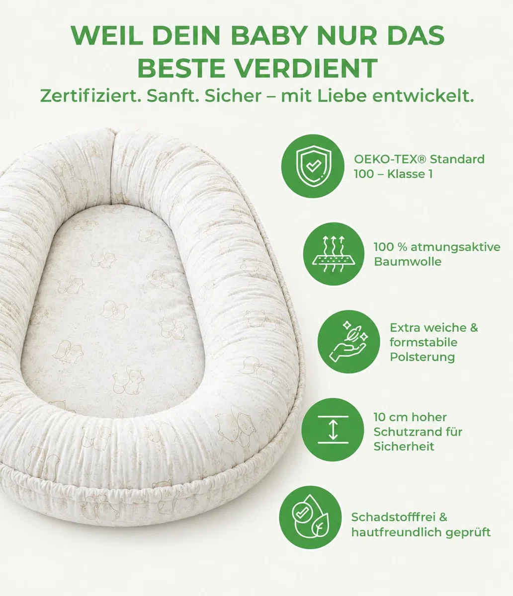Babynest für Neugeborene – 100% Baumwolle, Oeko-TEX zertifiziert – Waschbares, atmungsaktives Nestchen für Bett, Sofa & Reisen