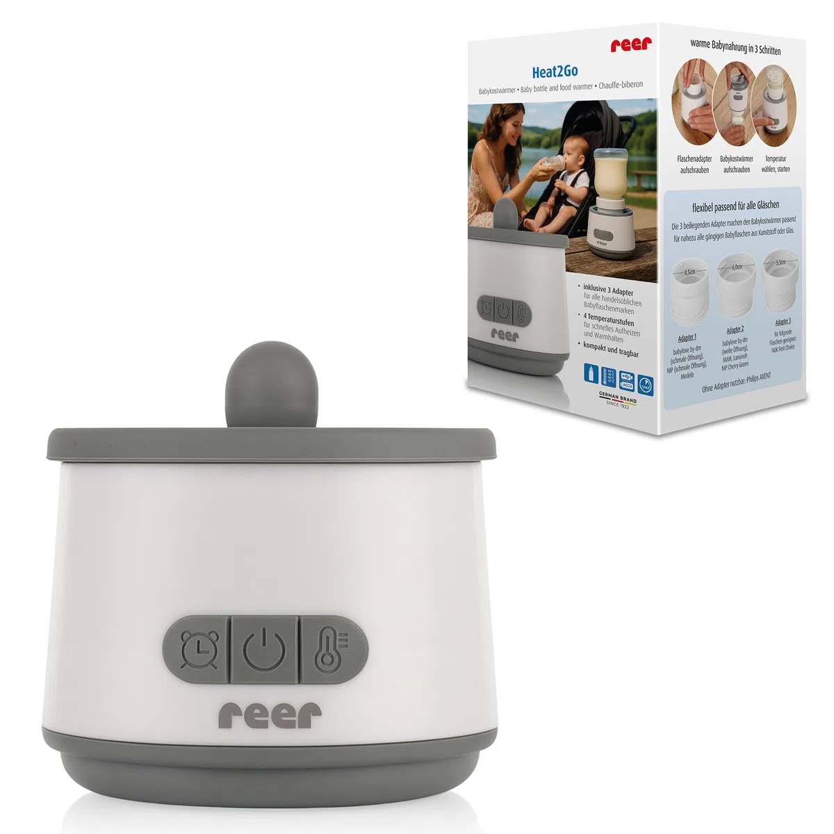 reer Flaschenwärmer Baby unterwegs mit Akku - Heat2Go - mobiler Baby Flaschenwärmer, Babykostwärmer, Fläschchenwärmer - 4 Heizstufen, USB-C, Adapterset, Fläschchenwärmer to go - leicht zu reinigen