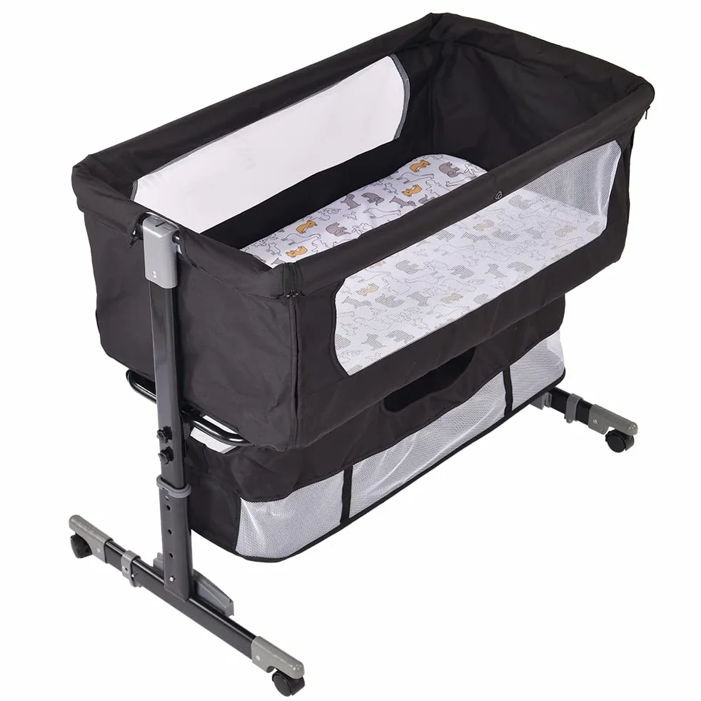 HUOLE Beistellbett Baby mit Aufbewahrungskorb, Einfach Zusammenklappbares Tragbares Kinderbett,Verstellbares Tragbares Bett für Säuglinge/Neugeborene, 92 * 58 * 70-90cm-schwarz