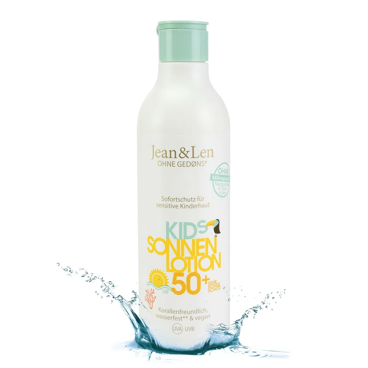 Jean & Len Sensitive Kids Sonnen Lotion LSF 50+, Sofortschutz für sensitive Kinderhaut, für empfindliche Kinderhaut ab 6 Monate, Korallenfreundlich, Sonnencreme Kinder, ohne Octocrylen, vegan, 250 ml