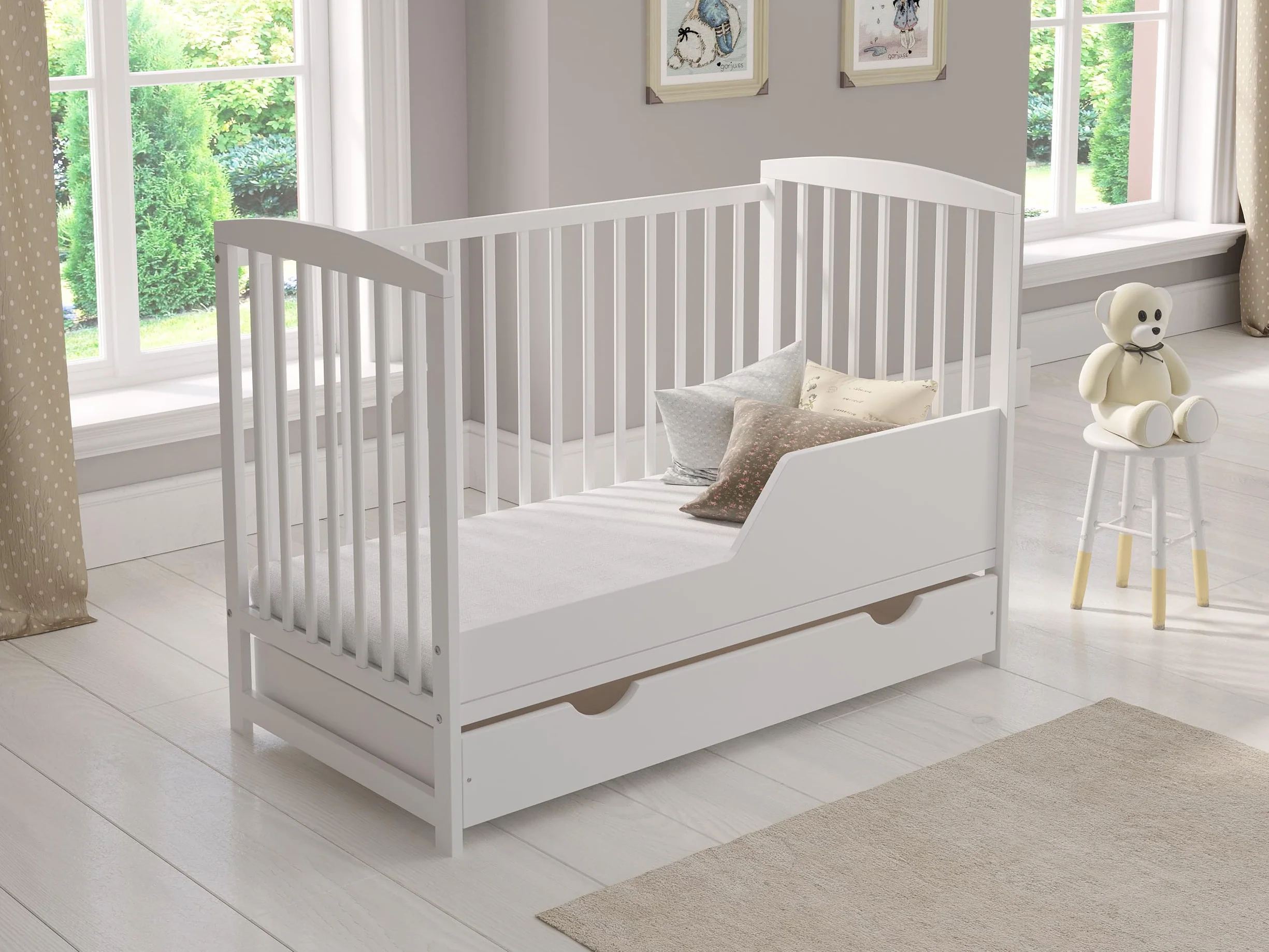 Love For Sleep Babybett 120x60 cm Weiß – Beistellbett mit Schublade und Matratze – Mitwachsendes Gitterbett aus Holz – Kinderbett Modell Jacob