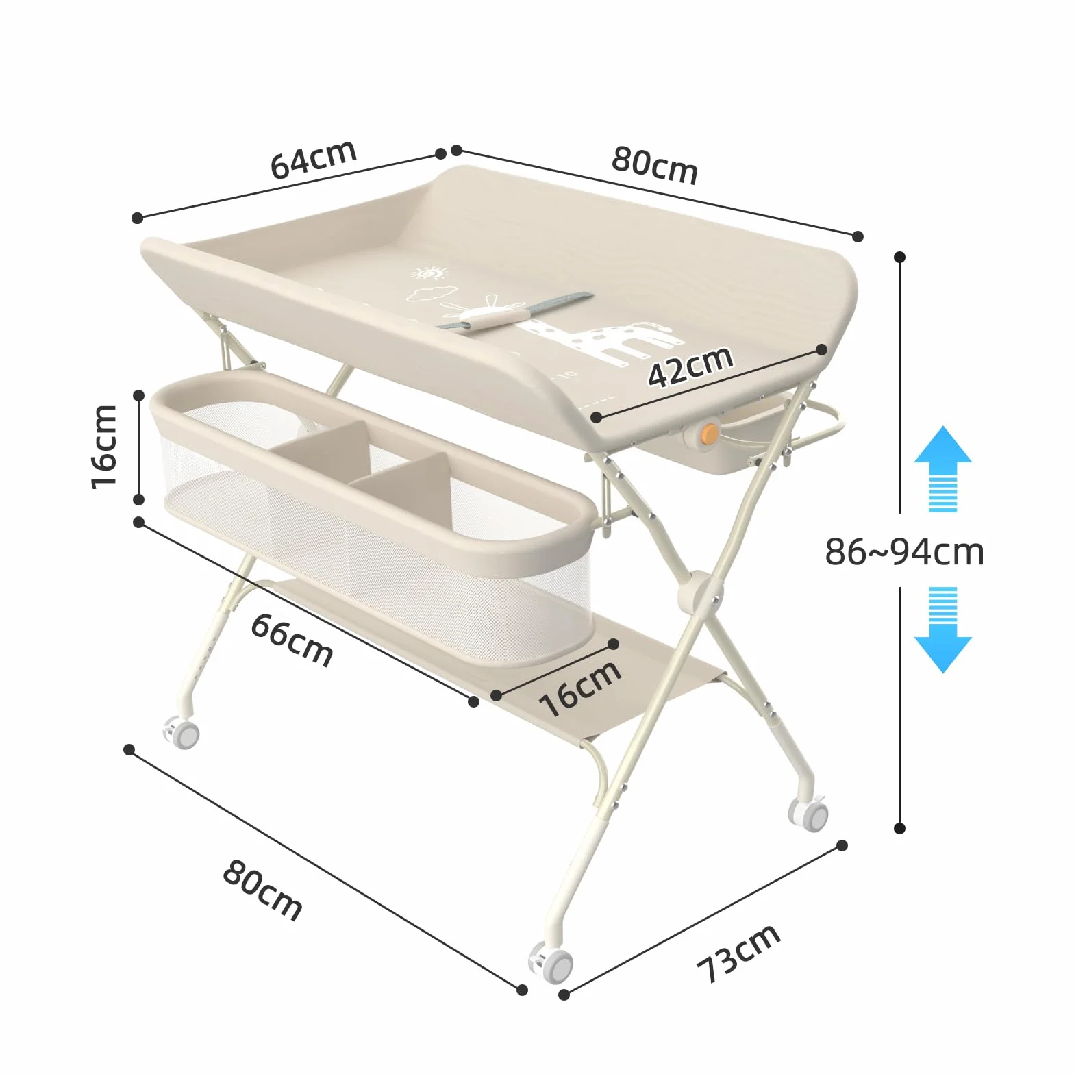 OHMG Wickeltisch für Babys,tragbarer klappbarer Wickeltisch mit Rollen,Mobile wickeltisch klappbar,wasserdicht und höhenverstellbar,Baby Changing Table für Neugeborene (A-Milchweiß)