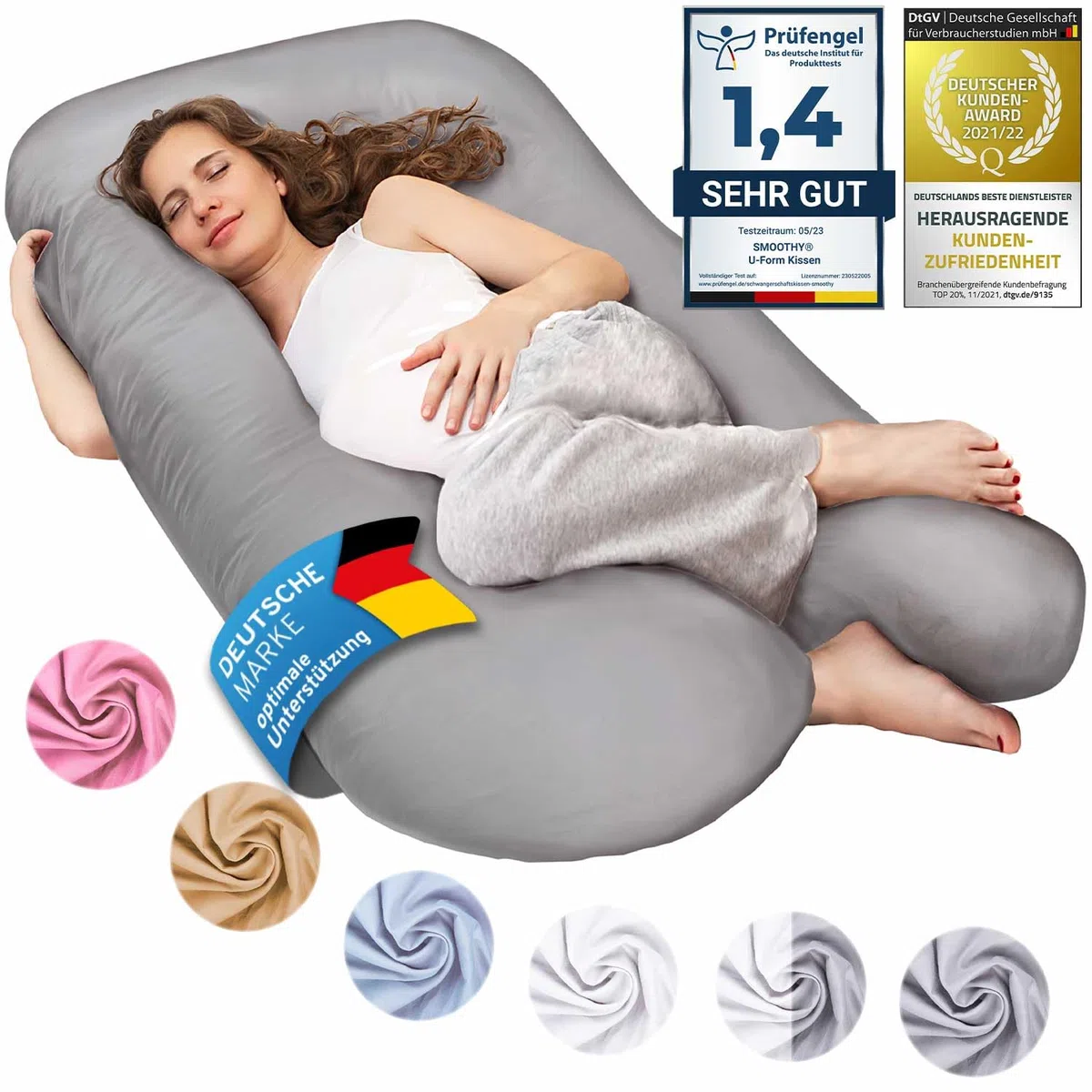 SMOOTHY XXL Schwangerschaftskissen Seitenschläferkissen U-Form 150x80 cm 100% Baumwolle Grau