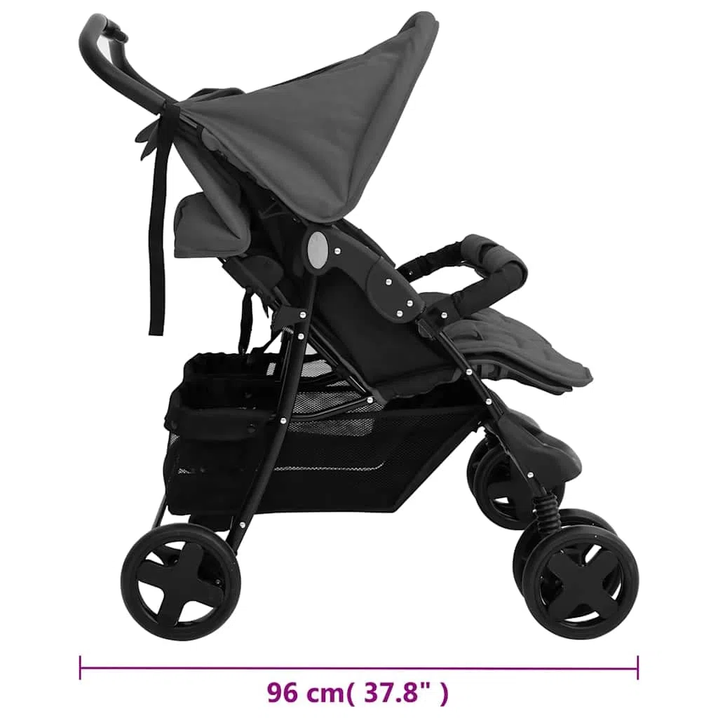 vidaXL Geschwisterwagen Klappbares Design Zwillingswagen Kinderwagen Baby Kinder Buggy Zwillingsbuggy Kinderbuggy Reisebuggy Dunkelgrau Stahl