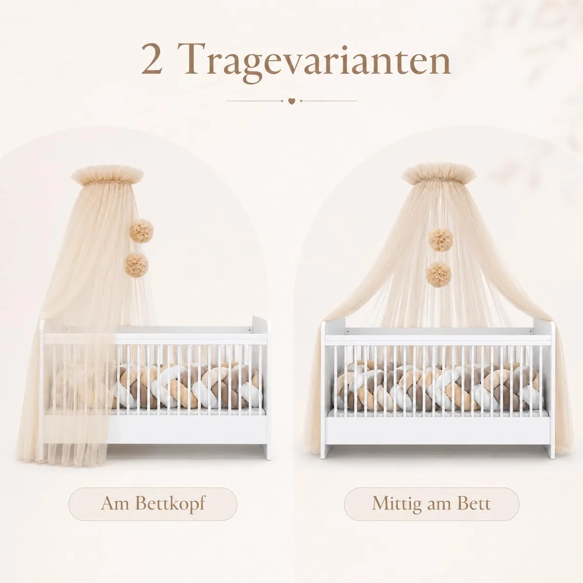 Babybetthimmel aus Tüll, Betthimmel für Babybett, Prinzessin Babywiege, Beistellbett Baby, Moskitonetz, Babyzimmer Deko, Baldachin Kinderzimmer 165cm lang, mit Pompons, Taupe (Nude)