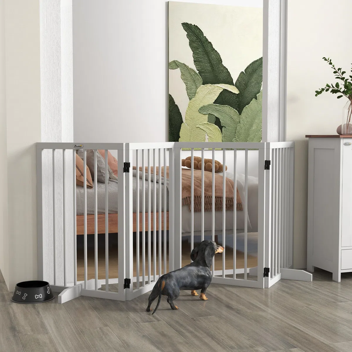 PawHut Absperrgitter Hund Faltbar Freistehend 4-Teilig 206 x 76 cm Weiß | Türschutzgitter, mit 2 Stützfüßen, Hundegitter aus Holz, Treppengitter für Flur
