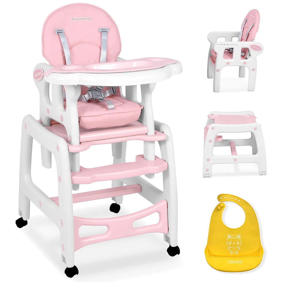 Ricokids Sinco Kinderhochstuhl Mitwachsender Multifunktions Hochstuhl 5in1 Tisch Babystuhl Regulierbar Schaukelfunktion Rosa