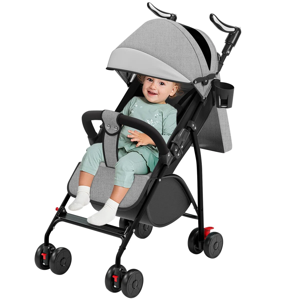 Kompakter Kinderwagen mit Liegeposition, von Geburt bis 4 Jahre (bis 25 kg), Sitzen oder Liegen, verstellbarer Griff, Kinderwagen mit 4 Rädern mit Baumwollmatte + Moskitonetz – 47 x 72 x 97 cm – Grau