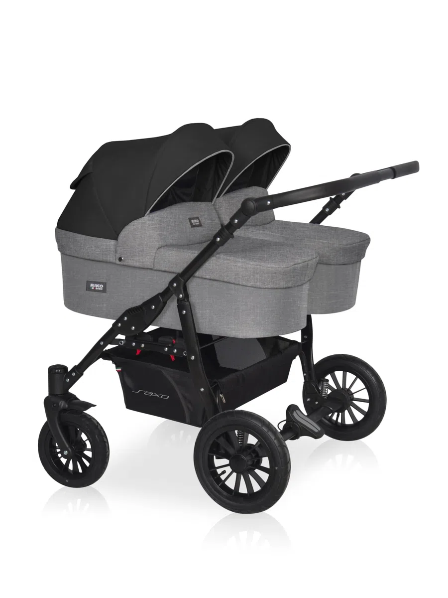 Riko Basic kinderwagen 2 in 1 SAXO für Zwillinge – 2 baby Gondeln – kinderwagen für 2 kinder – Ventilatoren und Verdeck – geräumiger Korb und Tasche – Zentralbremse – Onyx
