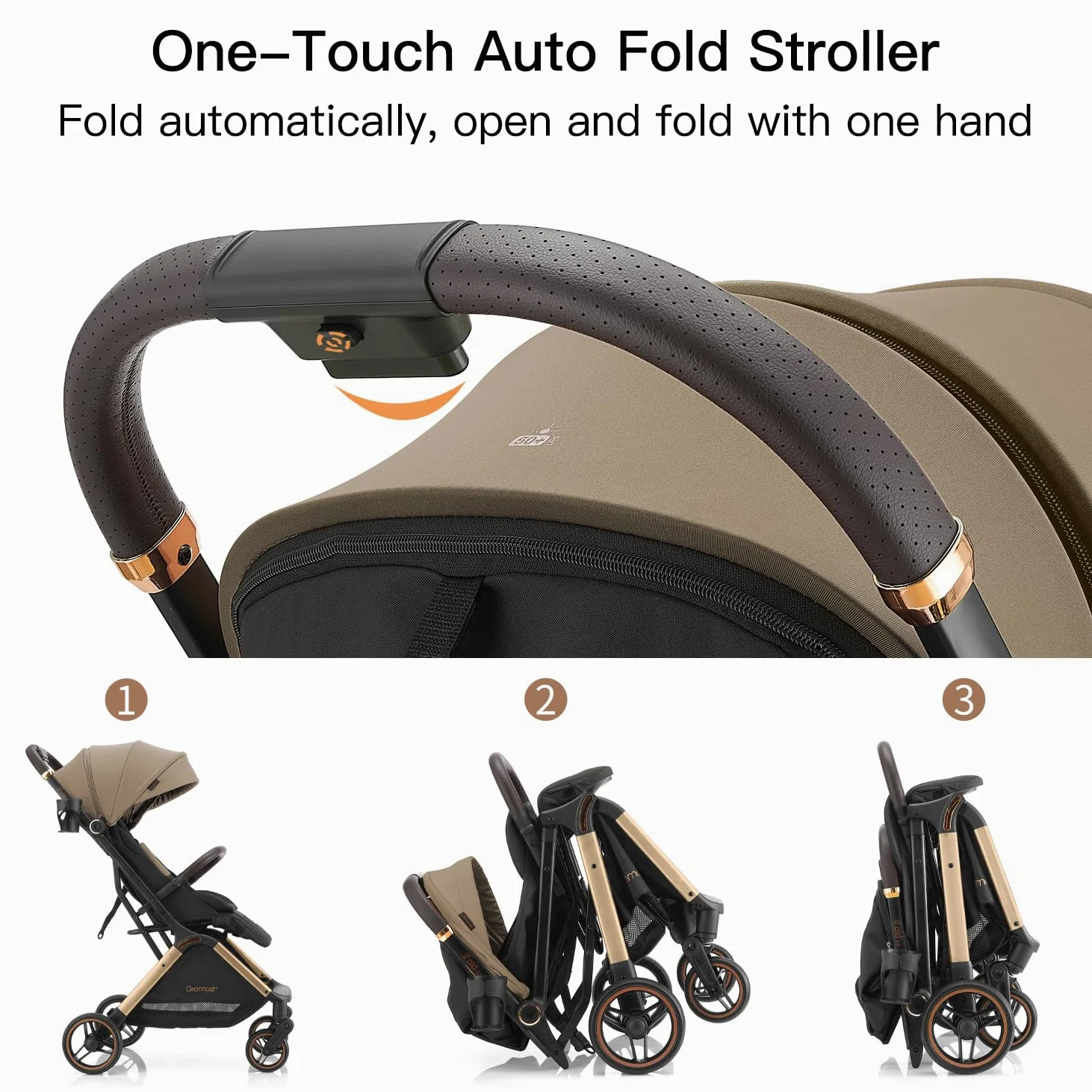 Gromast Gravity Faltbarer Kinderwagen, Tragbarer Reise-Kleinkindbuggy Mit Verstellbarer Rückenlehne & Sonnendach, Leichtgewichtig Und Uv-Geschützt, Einhändig Automatisch Zusammenklappbar, Golden