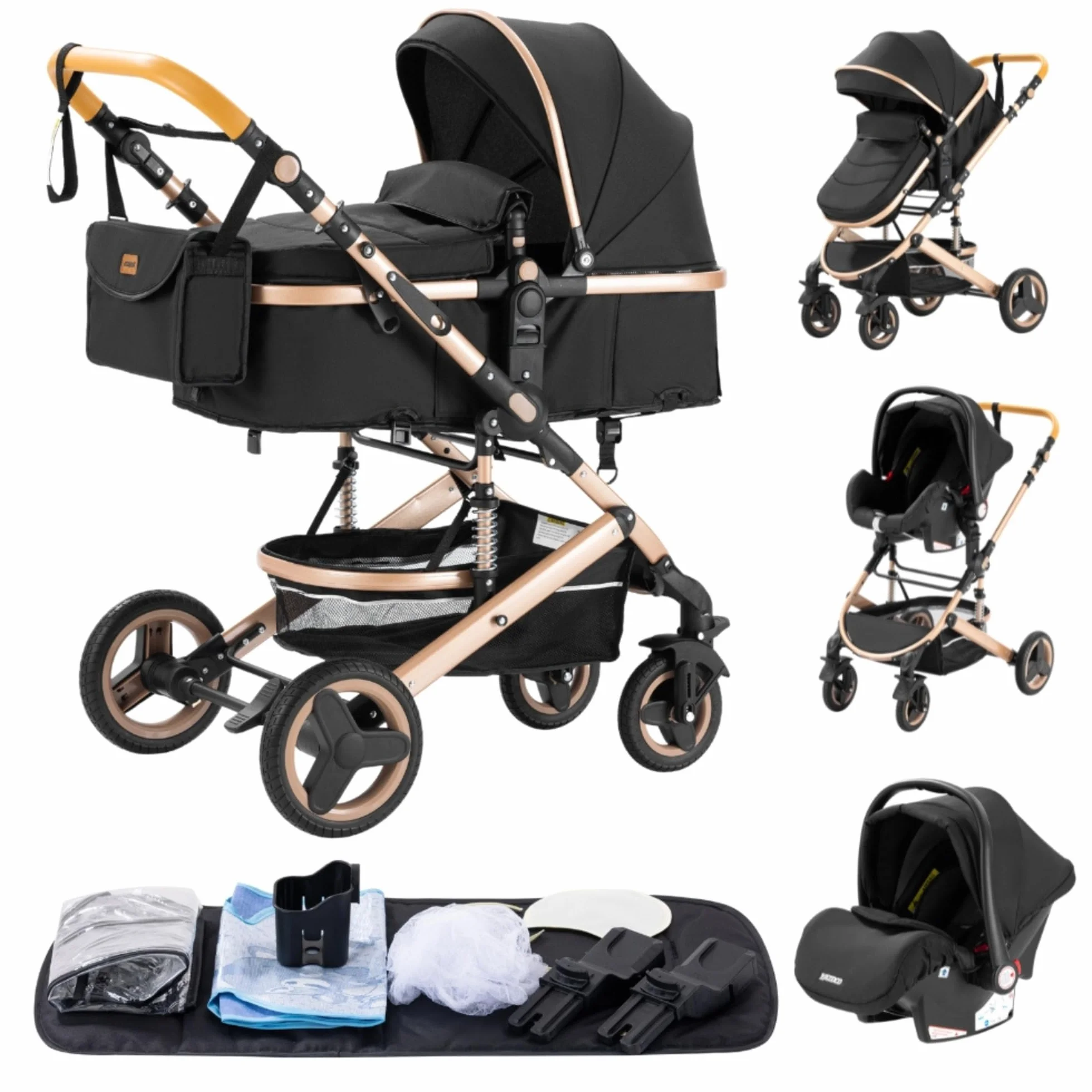 YAZOCO Kinderwagen 3 in 1 Buggy Babybett Komplett Set, KombiKinderwagen Aluminiumrahmen für Neugeborene (2 schwarz)
