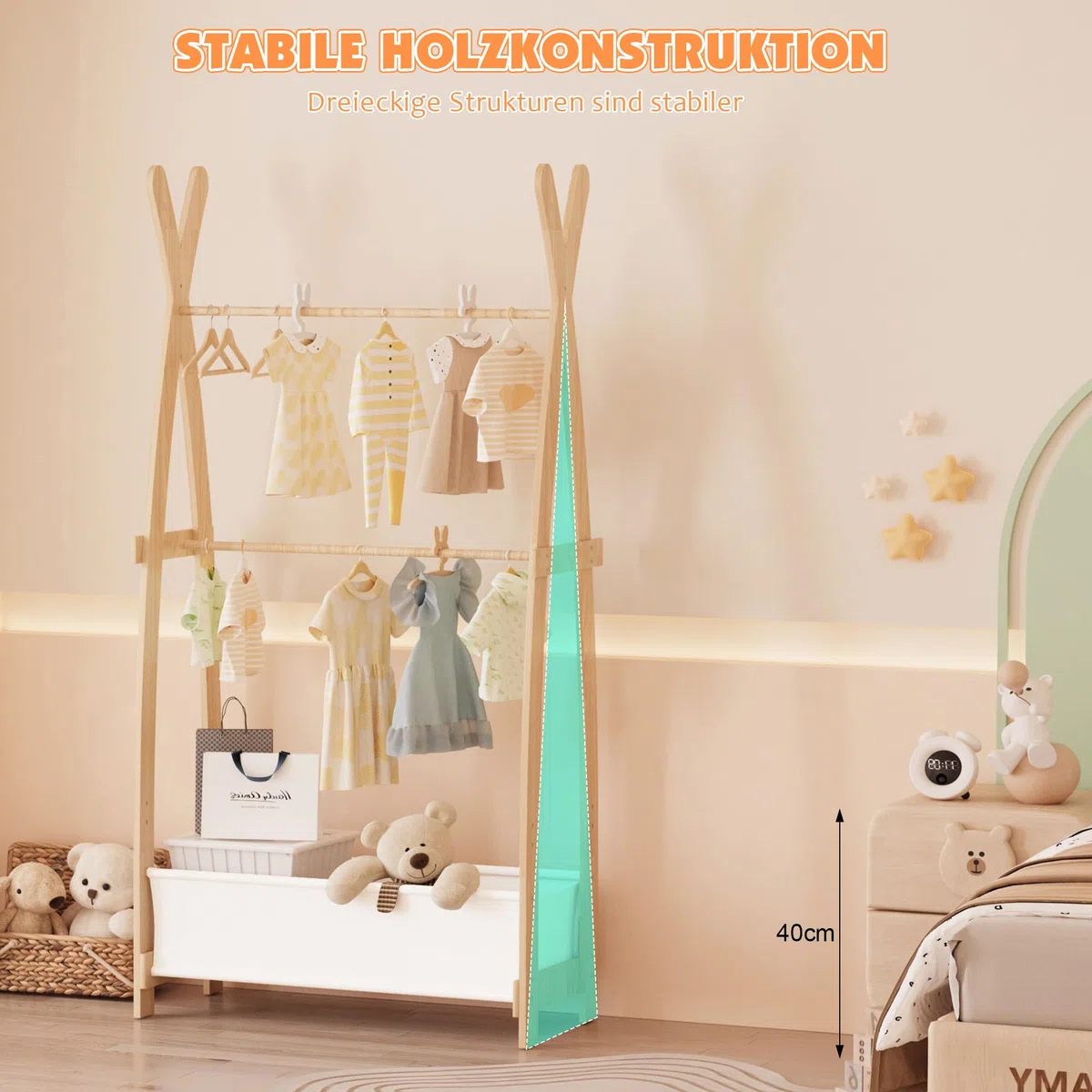 KEEPREAPER Kinder Kleiderständer Holz, Garderobenständer mit Aufbewahrungskiste und Kleiderstange, Kindergarderobe für Kinderzimmer, Mädchen (82 x 43 x 180cm)