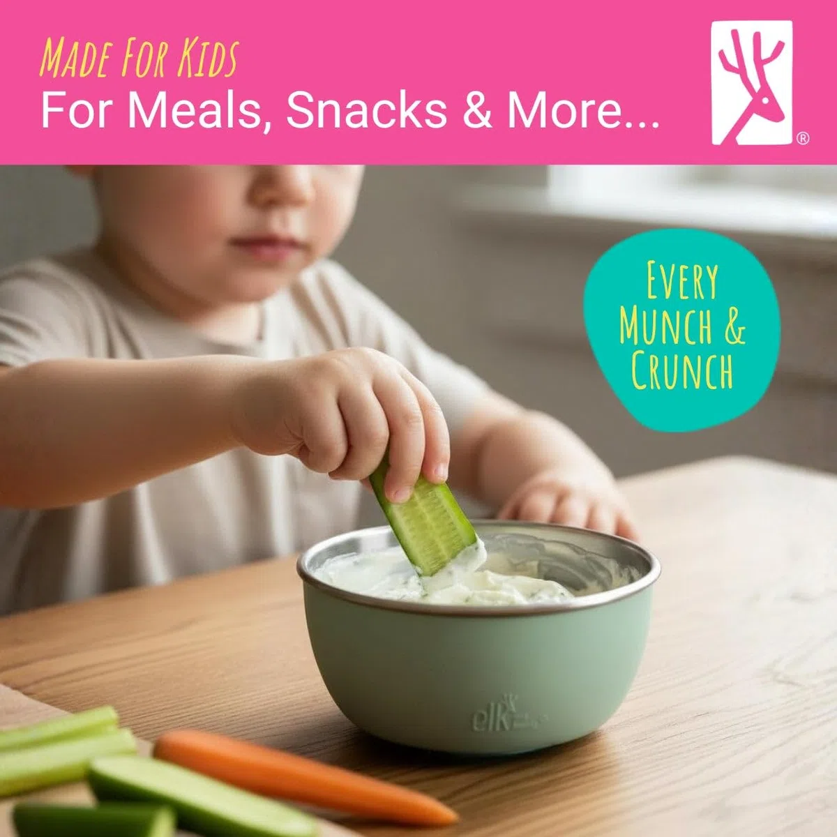 Elk and Friends Edelstahlschüsseln mit Silikonhülle für Babys und Kleinkinder, Deckel inklusive, Saugnapf zum Festhalten, Müsli- und Snackschalen, 4er-Pack