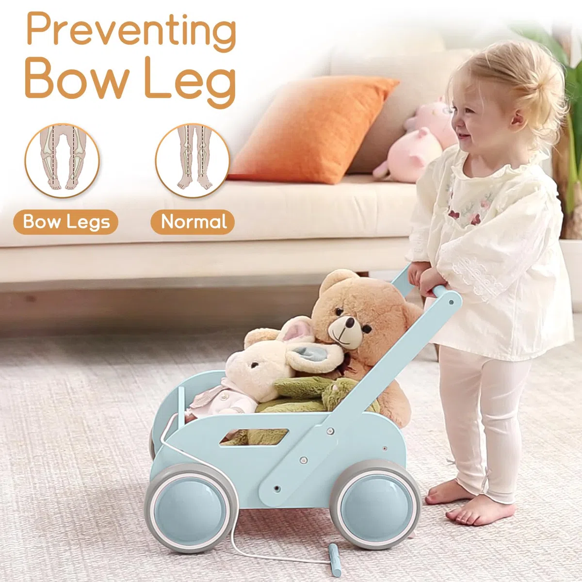 Lauflernwagen Holz, Baby Lauflernhilfe für Junge und Mädchen, Toddler Push & Pull Lauflernspielzeug, Kinderwagen aus Holz, Baby Walker mit Rädern, Geschenk für Geburtstag Weihnachten, Blau