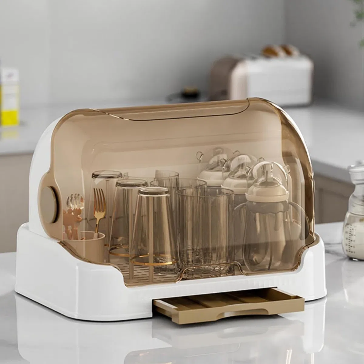 Abtropfgestell für Babyflaschen, Babyflaschenhalter mit abnehmbarer Abtropfschale, Babby Flaschen-Aufbewahrungsbox, langlebig, guter Abdichtungsschutz für Flaschen, Sauger, Tassen, Pumpe, Teile und