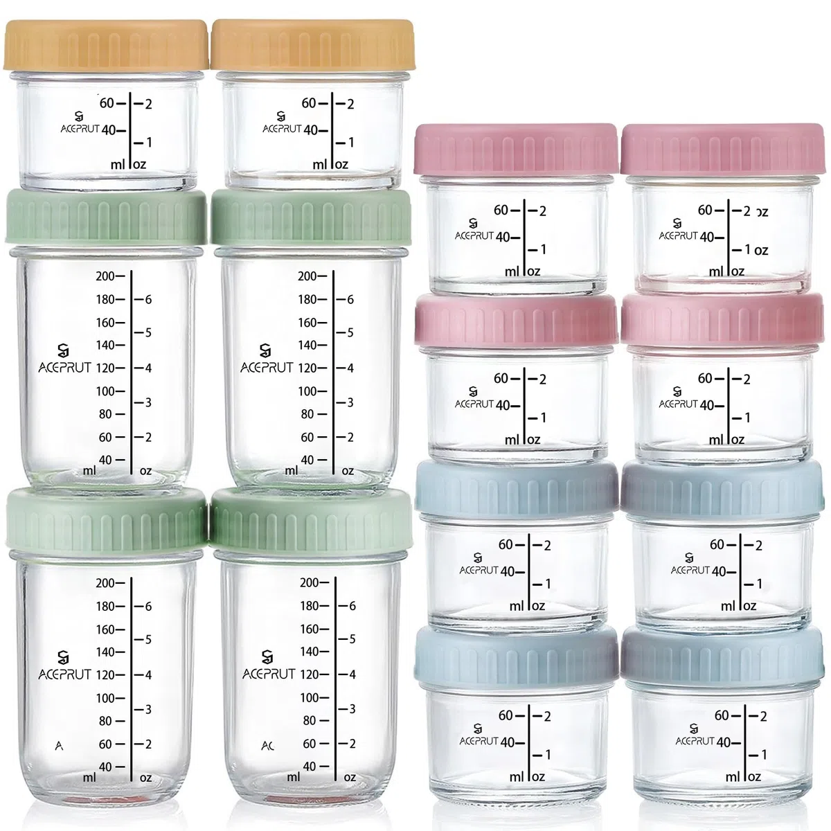 ACEPRUT 14 Stück Glas Babybrei Einfrieren Behälter, Beikost Baby Zubehör, Babynahrung Aufbewahrung, Auslaufsicher, BPA-frei, Mikrowelle, Geschirrspüler & Gefrierschrank sicher
